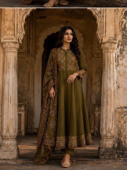 Cotton Printed Anarkali Stitched Suit Set
