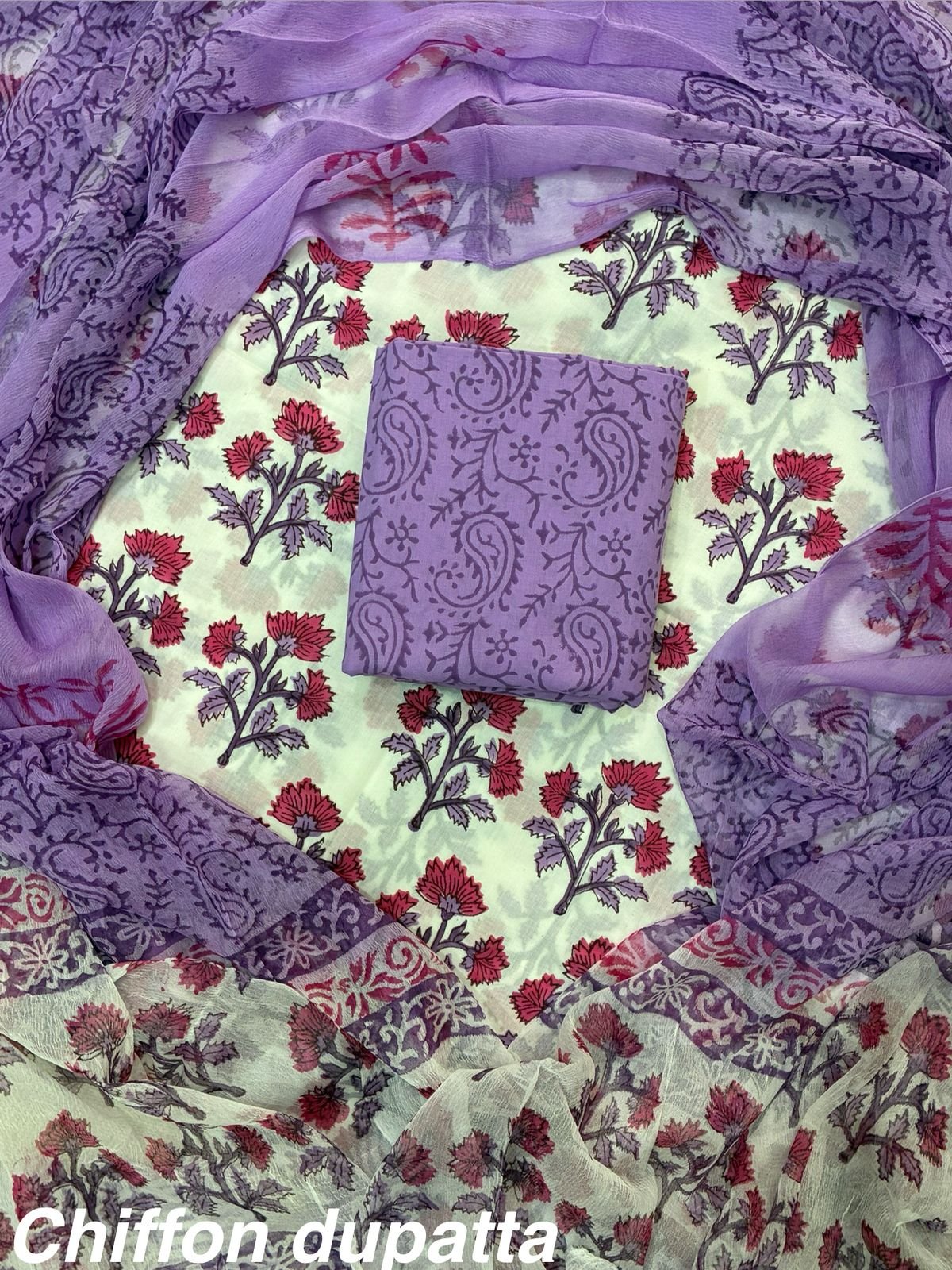 Cotton Printed Chiffon Dupatta Suit Set