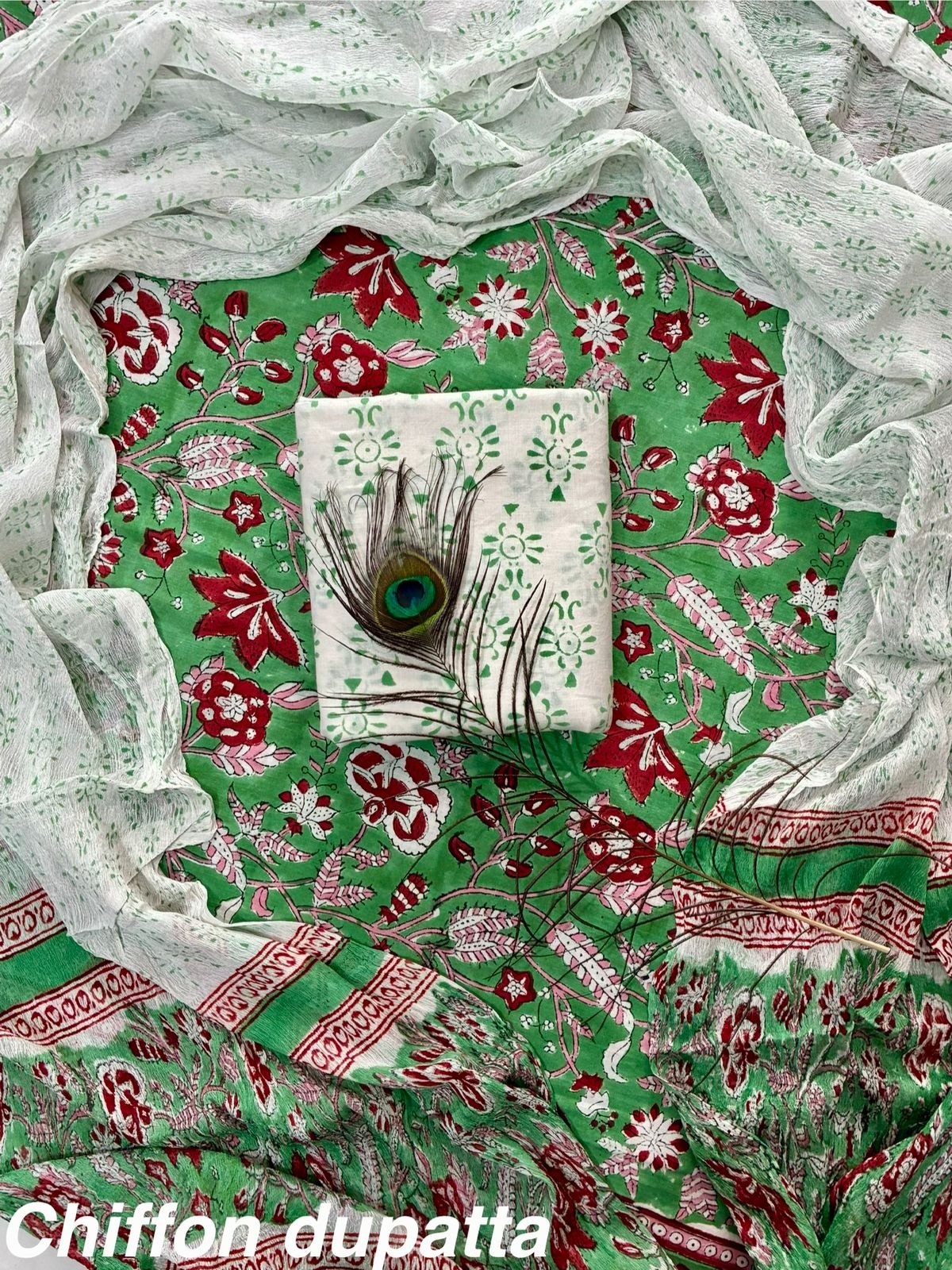 Cotton Printed Chiffon Dupatta Suit Set