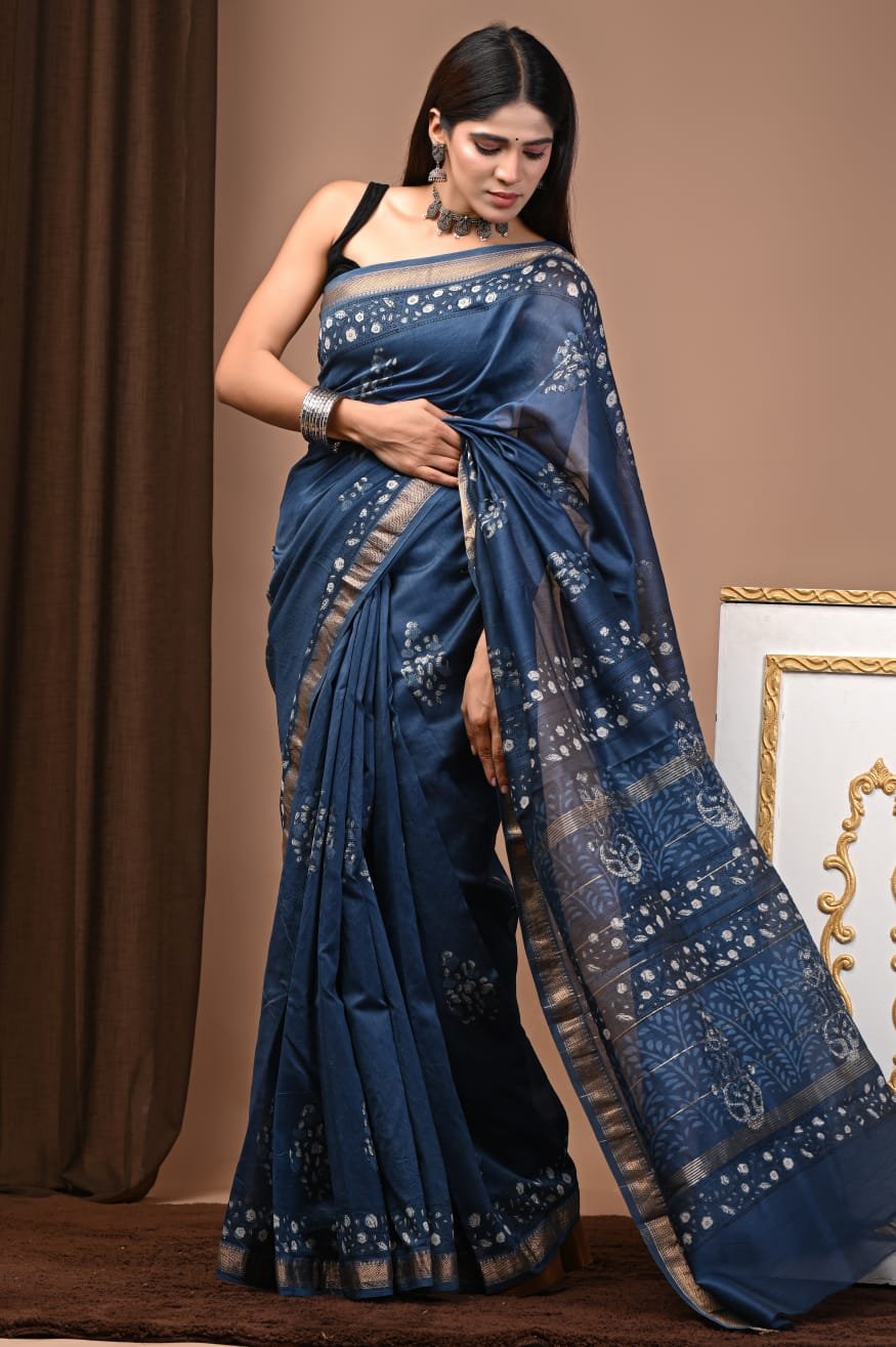 Maheshwari Hand Block Printed Saree