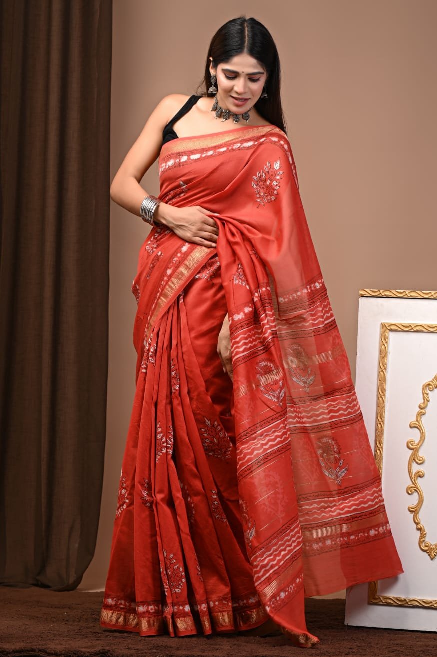 Maheshwari Hand Block Printed Saree