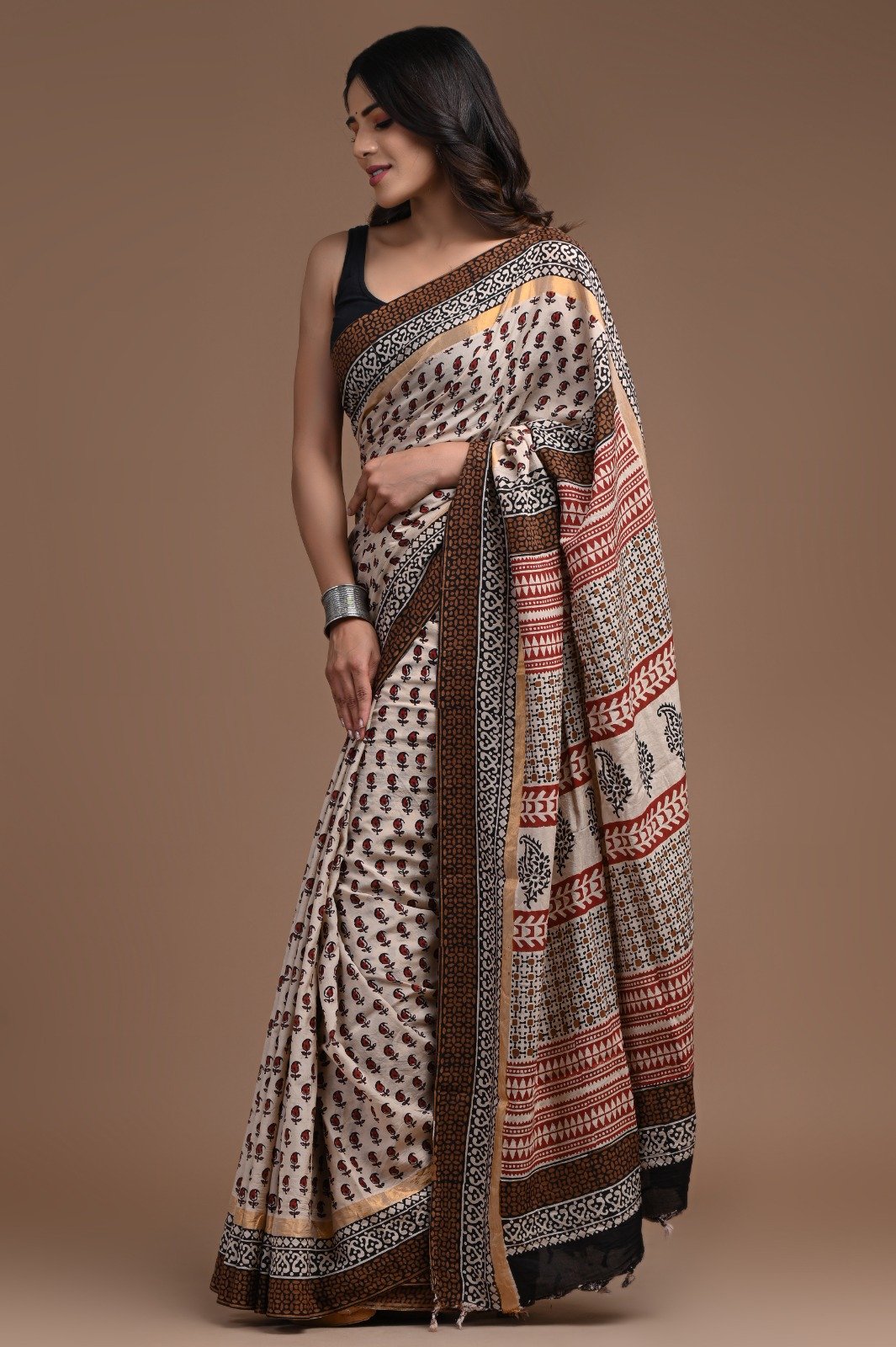 Hand Block Printed Assam Silk Saree