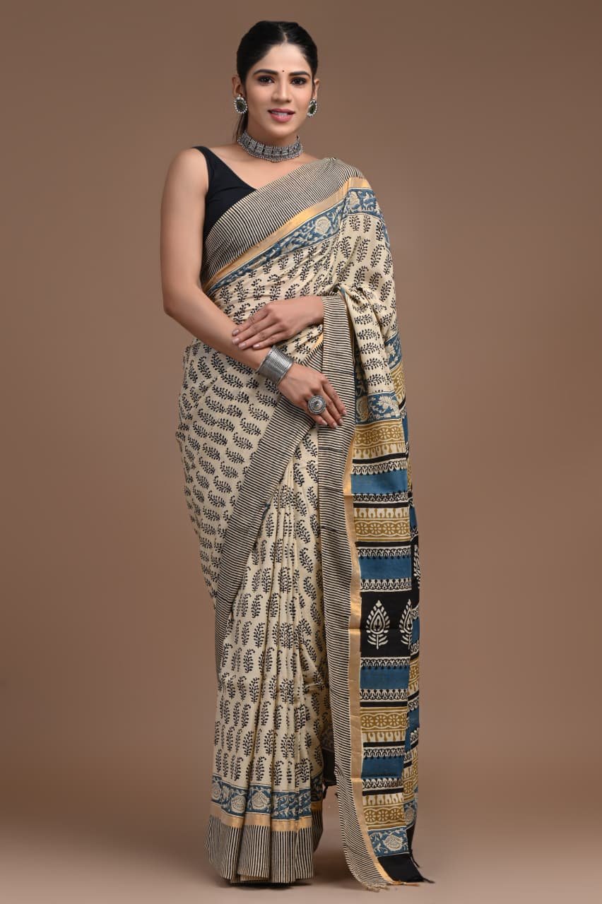 Hand Block Printed Assam Silk Saree