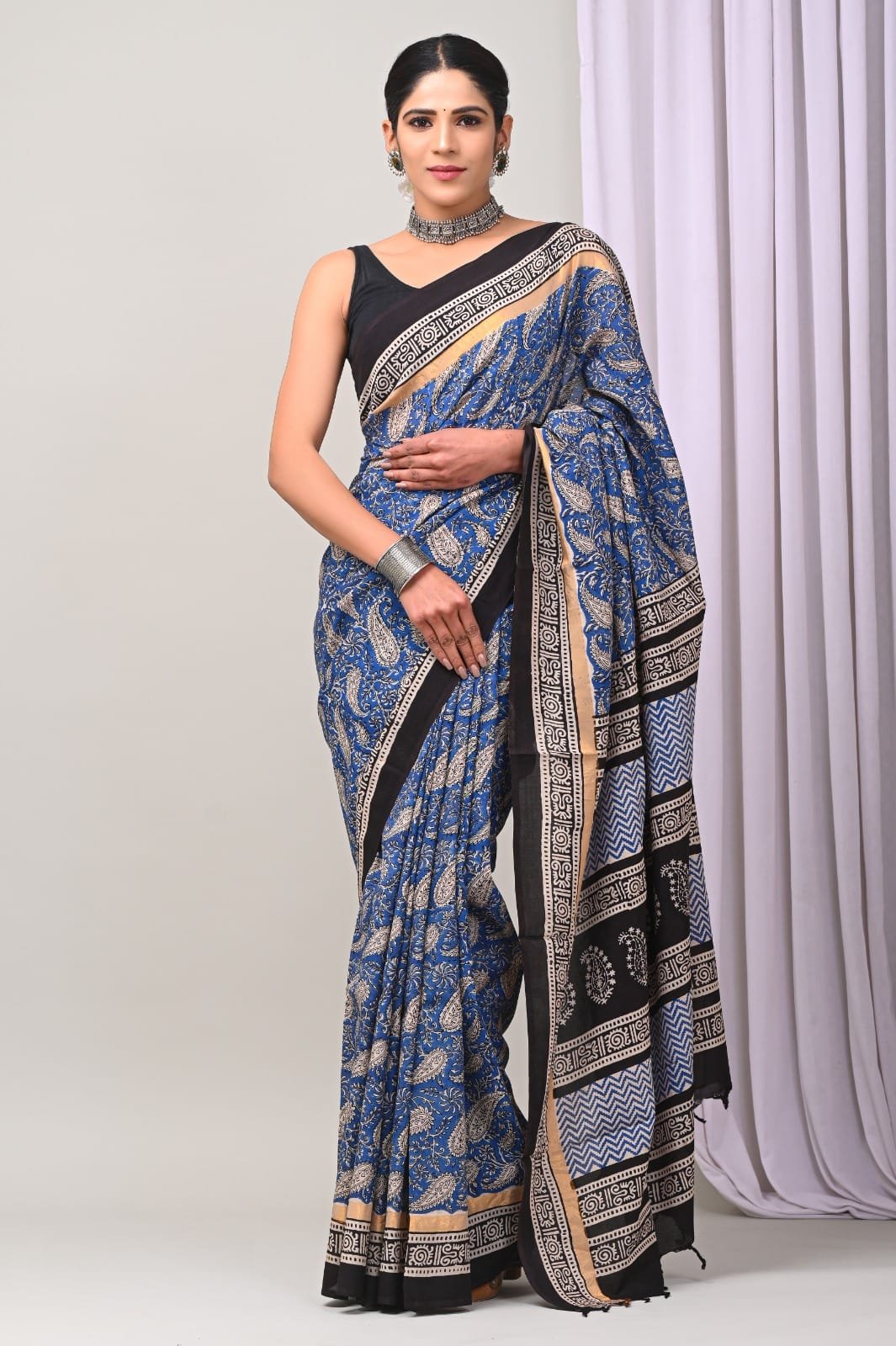 Hand Block Printed Assam Silk Saree