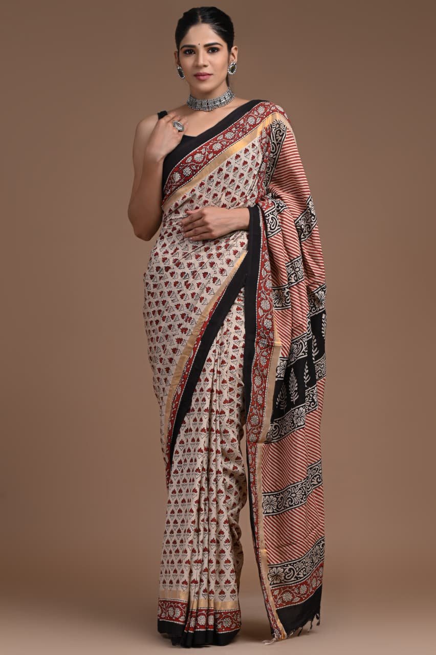 Hand Block Printed Assam Silk Saree