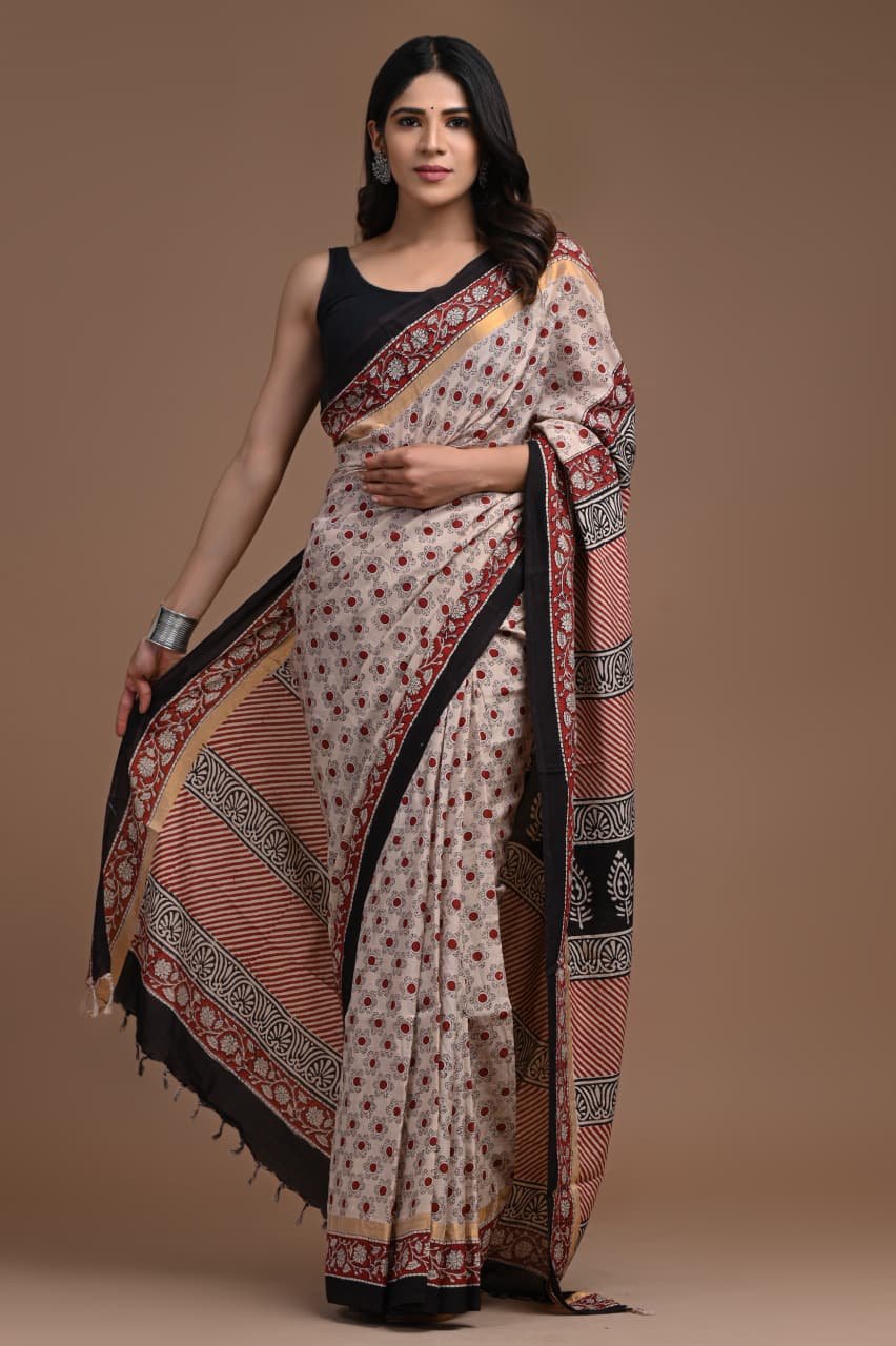 Hand Block Printed Assam Silk Saree