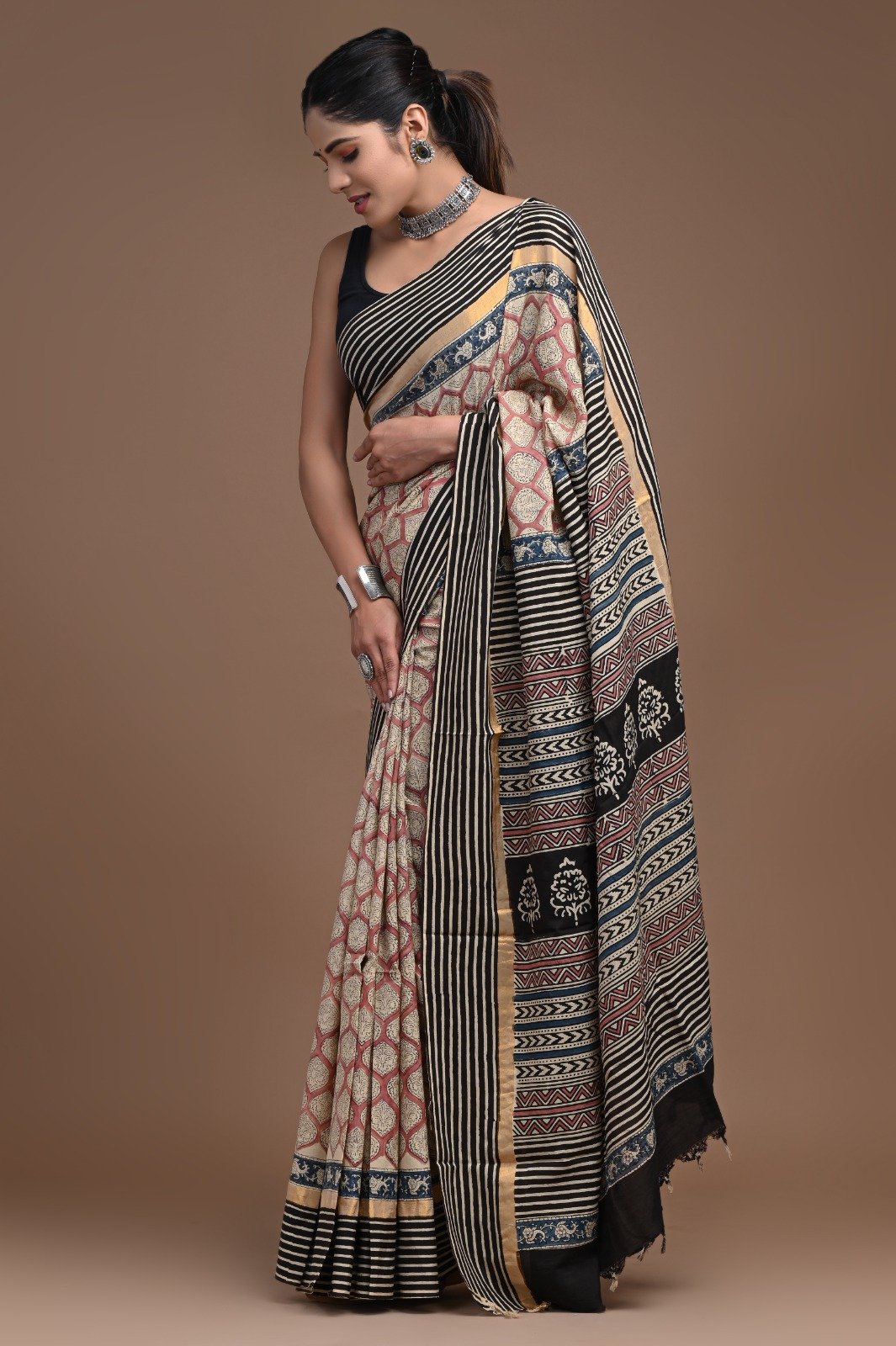 Hand Block Printed Assam Silk Saree