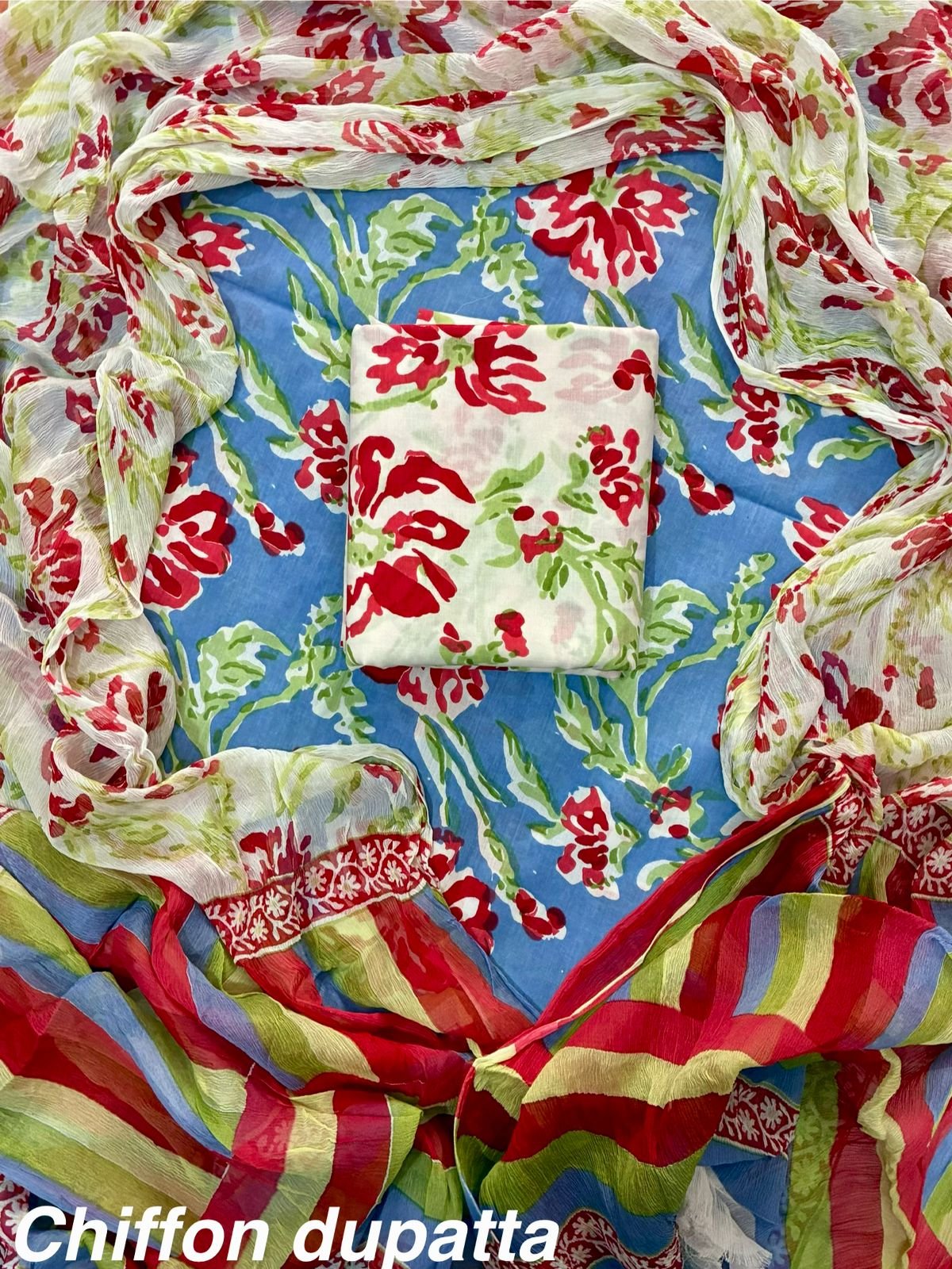 Cotton Printed Chiffon Dupatta Suit Set