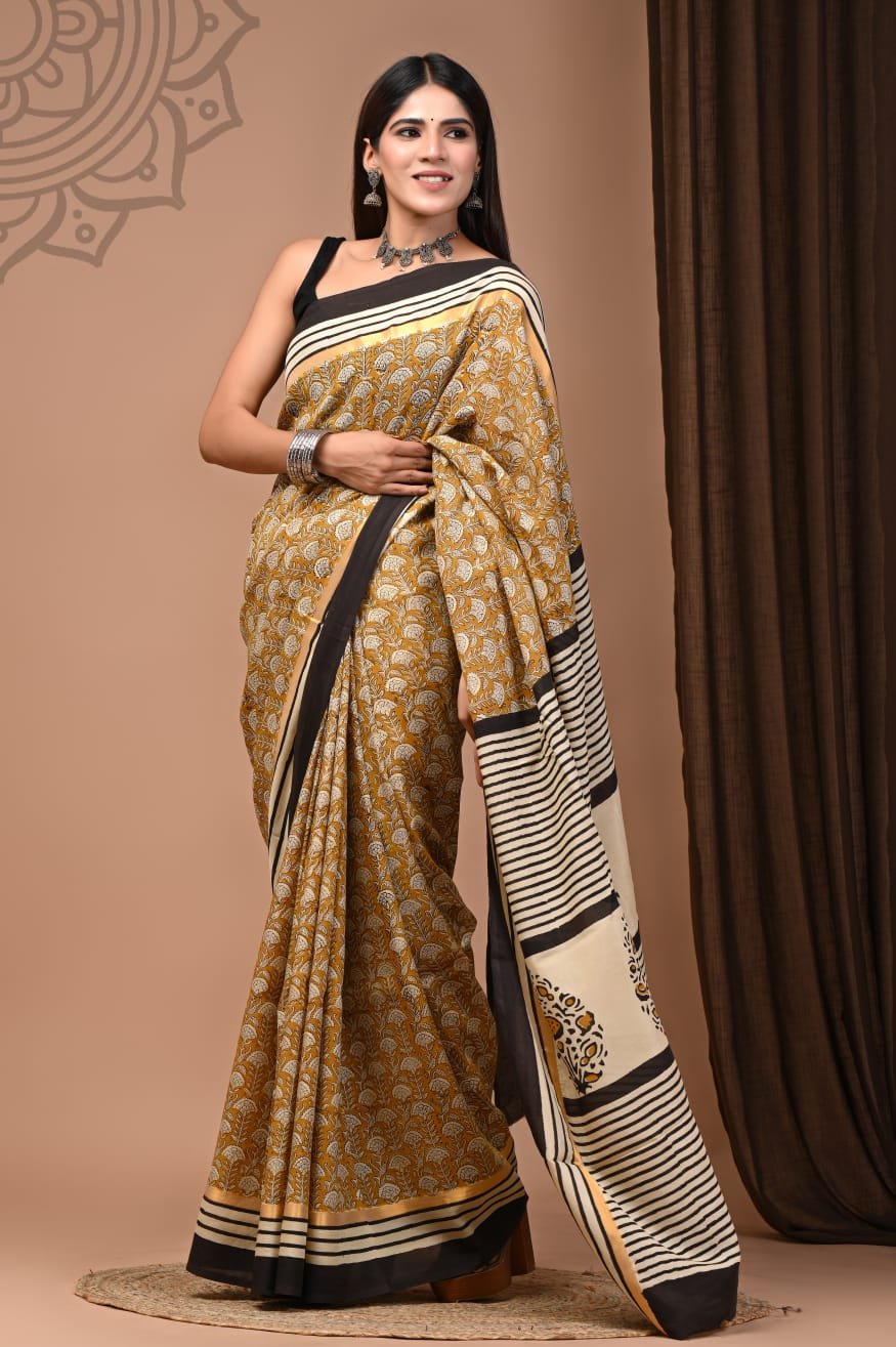 Hand Block Printed Assam Silk Saree