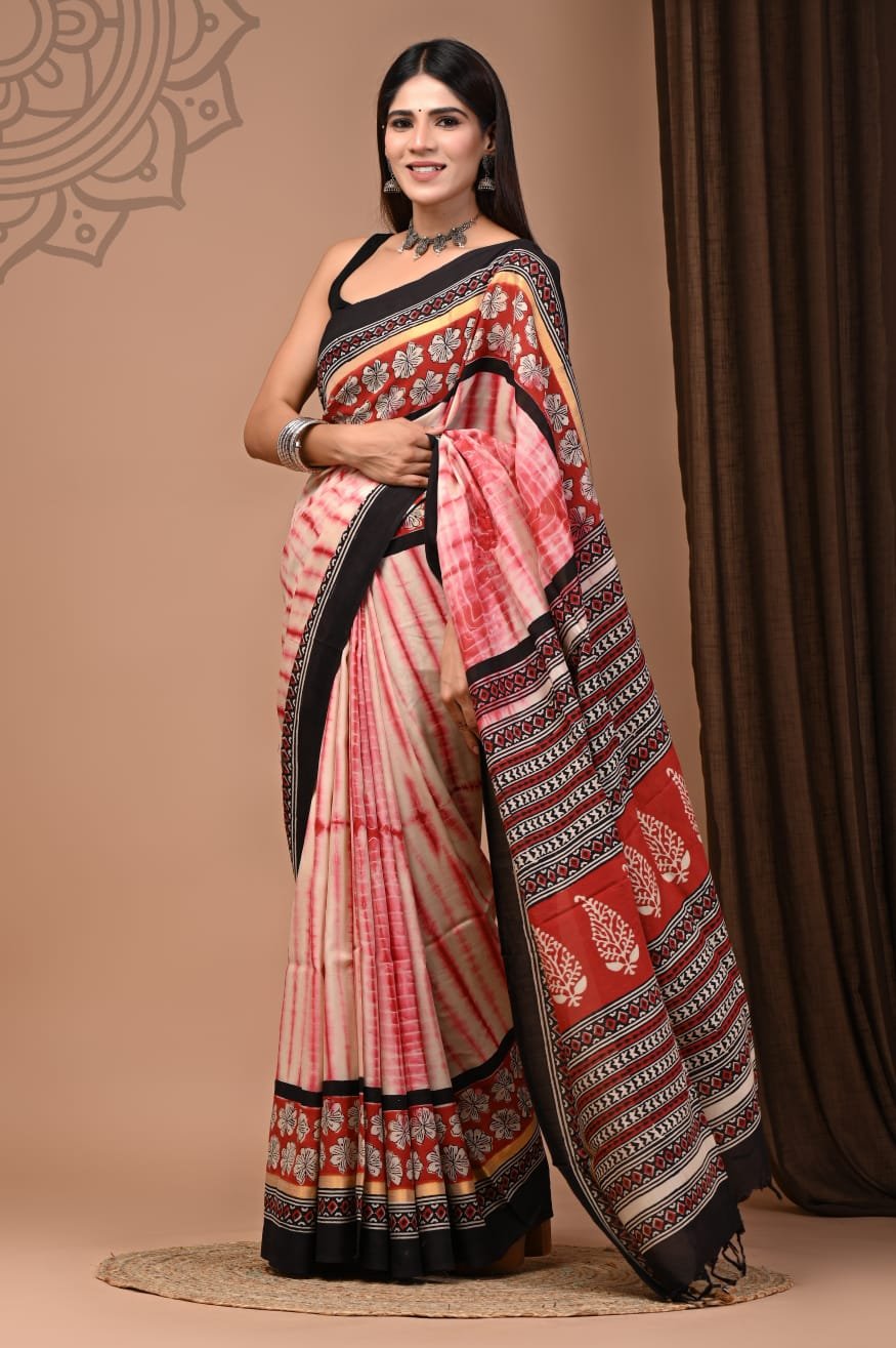 Hand Block Printed Assam Silk Saree