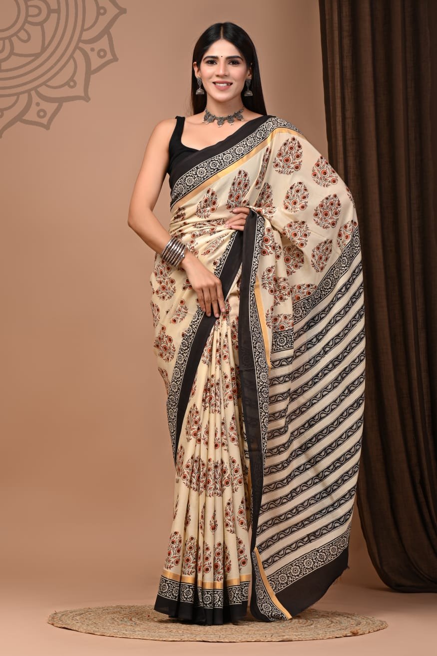 Hand Block Printed Assam Silk Saree