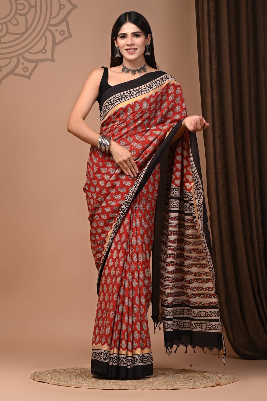Hand Block Printed Assam Silk Saree
