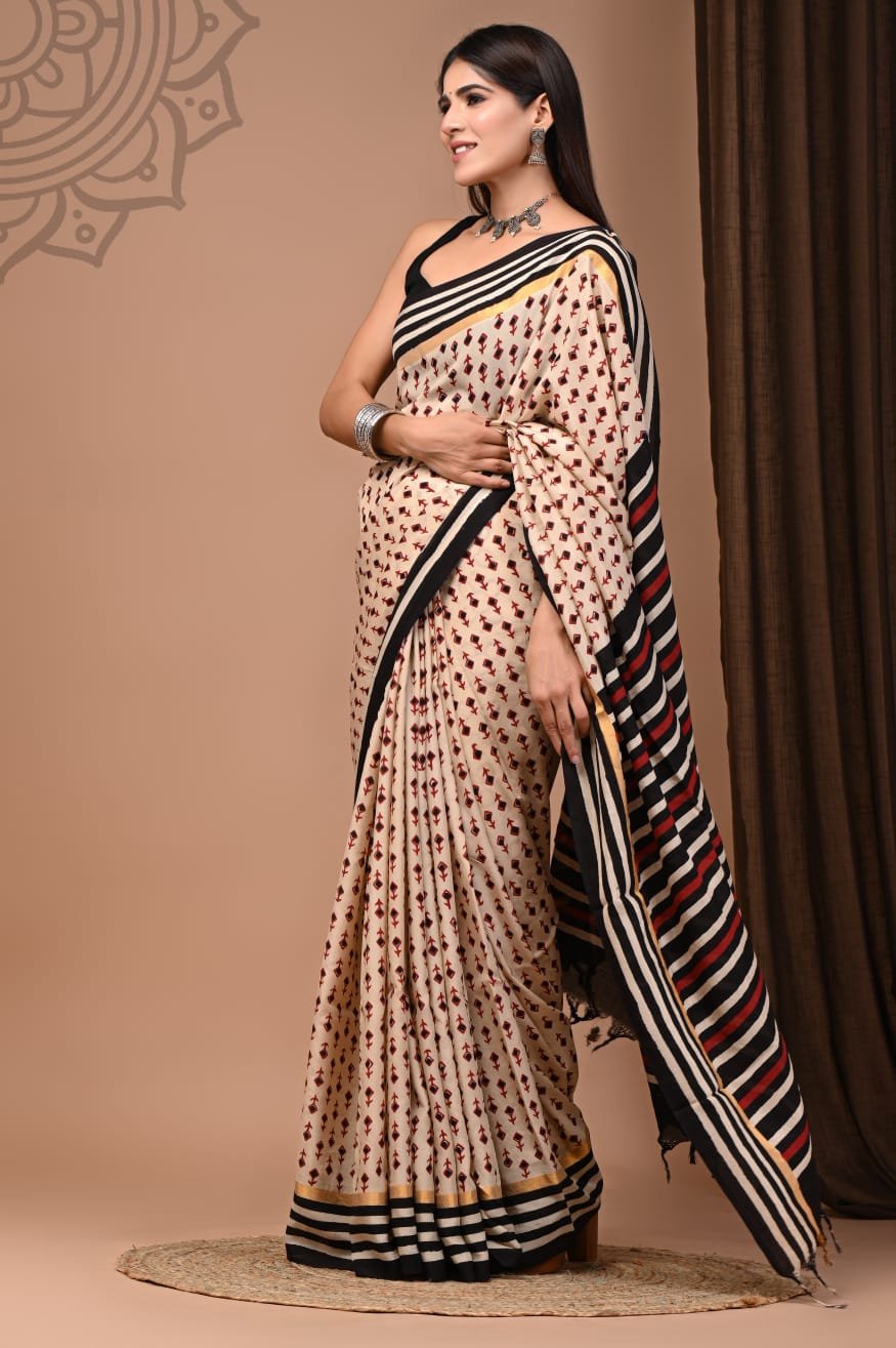Hand Block Printed Assam Silk Saree