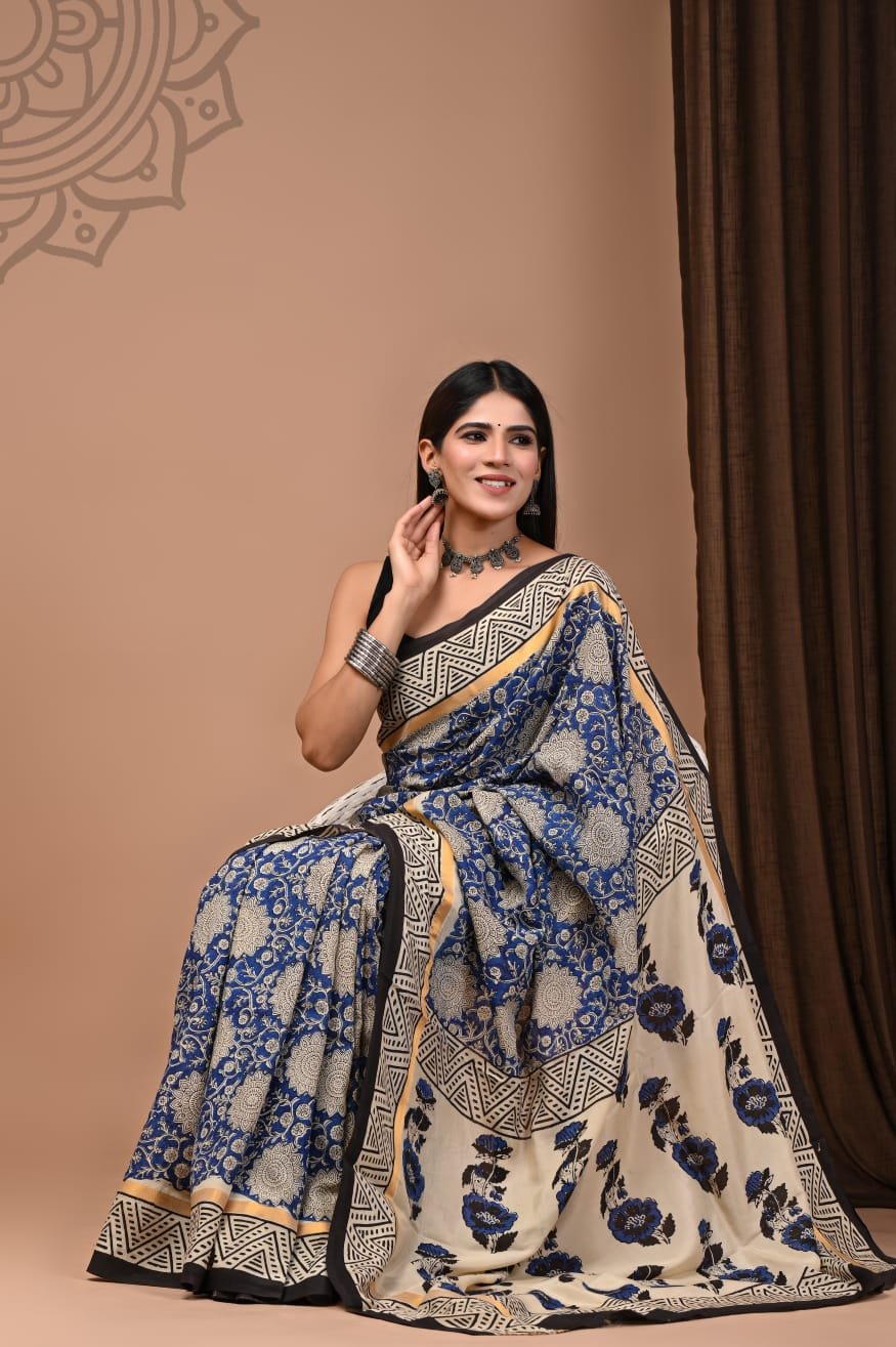 Hand Block Printed Assam Silk Saree