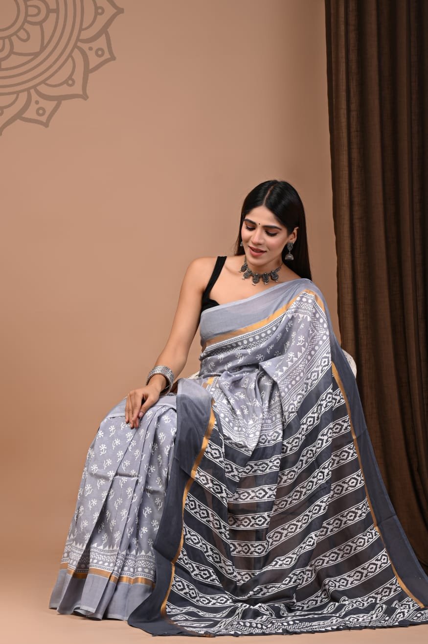 Hand Block Printed Assam Silk Saree
