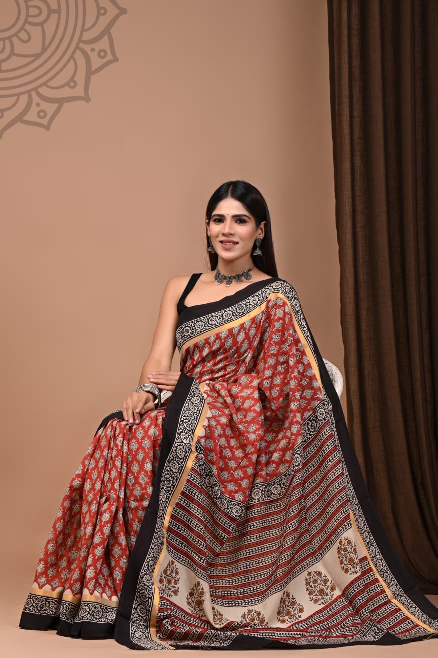 Hand Block Printed Assam Silk Saree