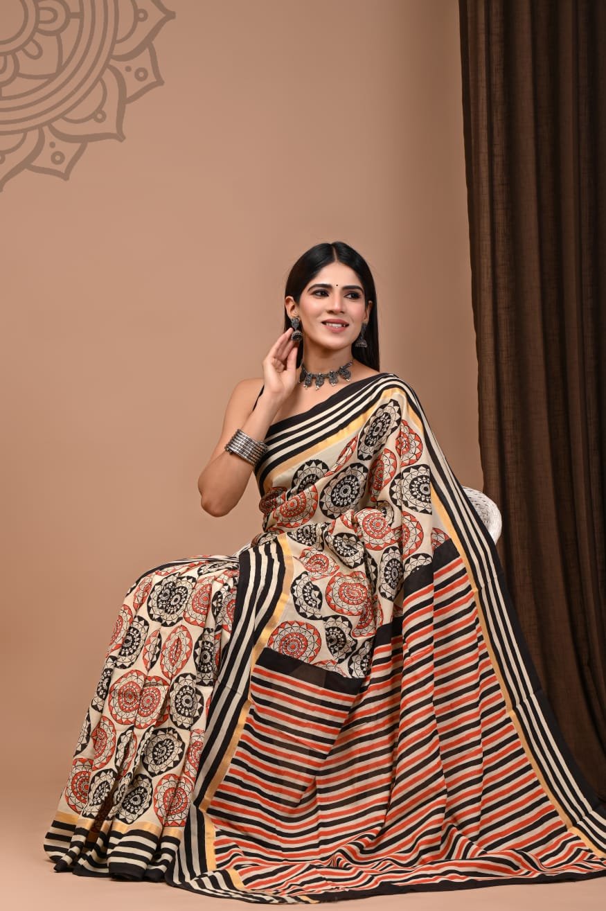 Hand Block Printed Assam Silk Saree