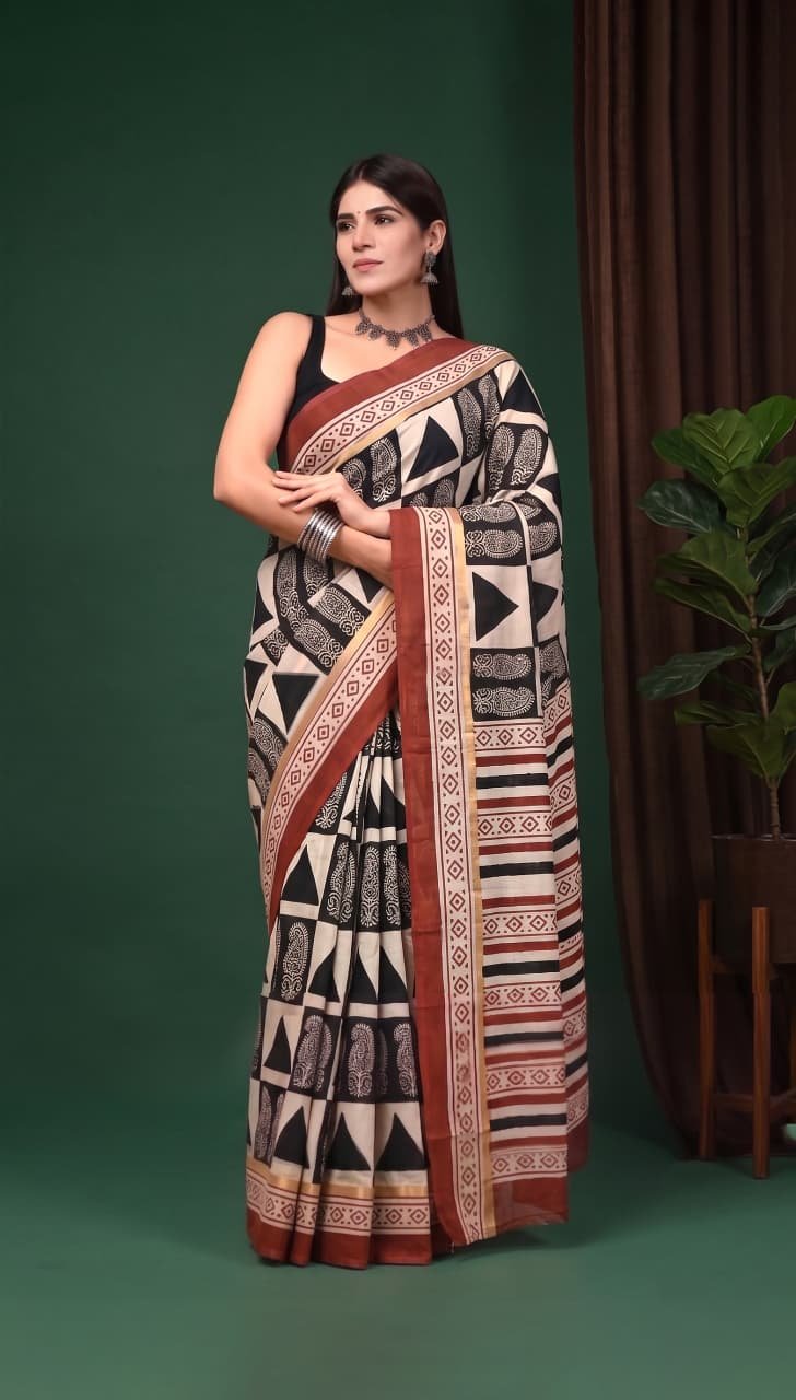 Hand Block Printed Assam Silk Saree