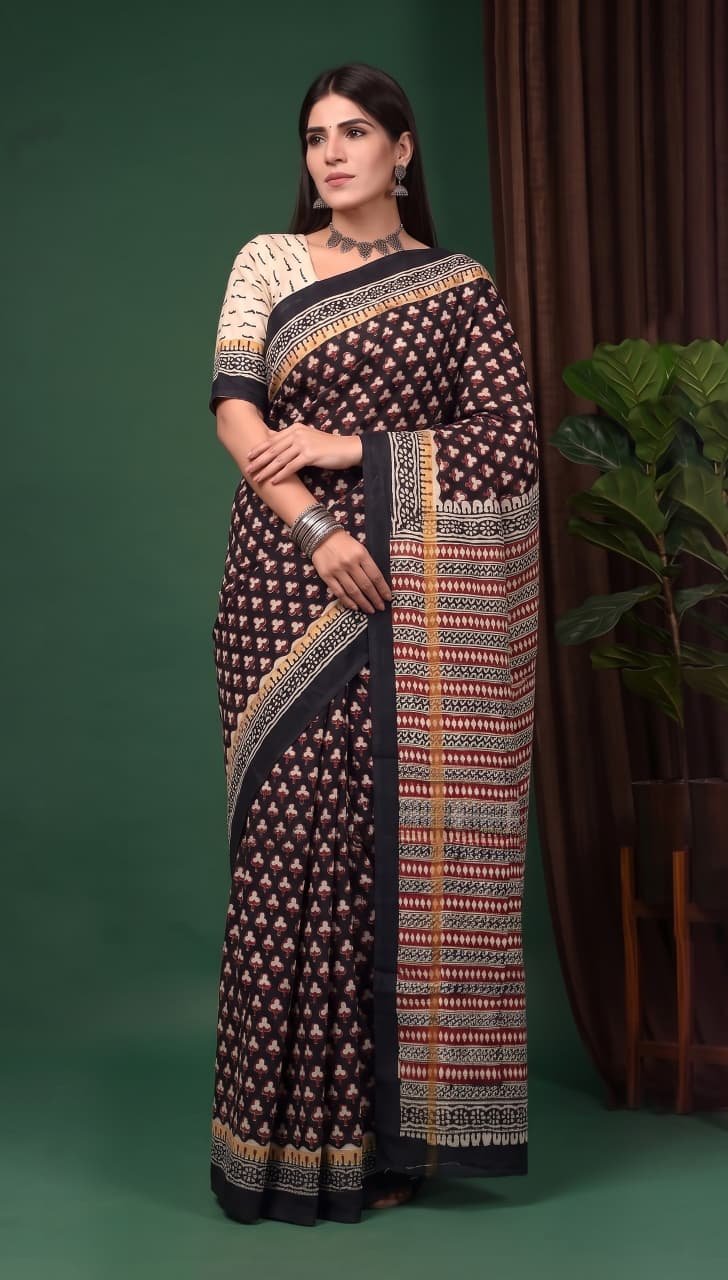 Hand Block Printed Assam Silk Saree