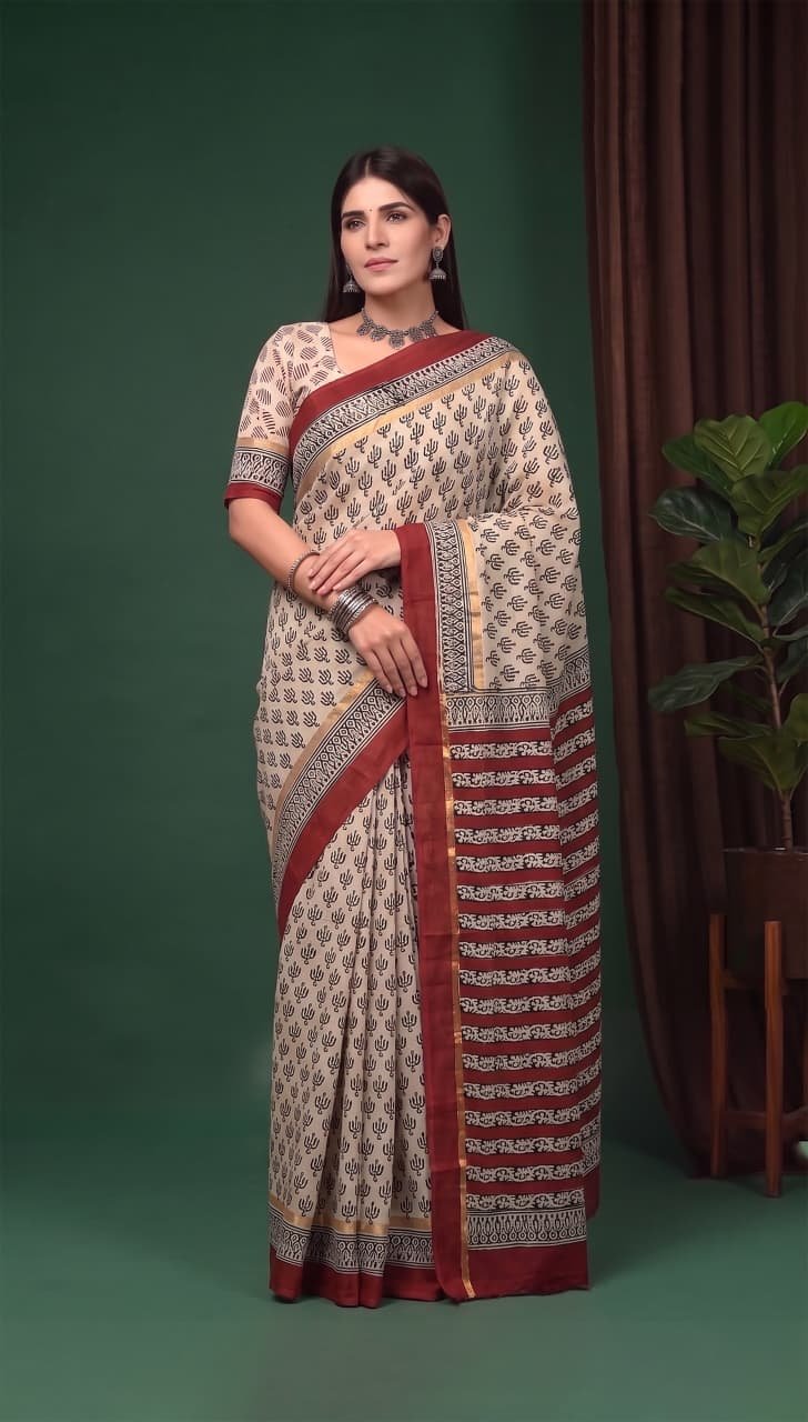 Hand Block Printed Assam Silk Saree