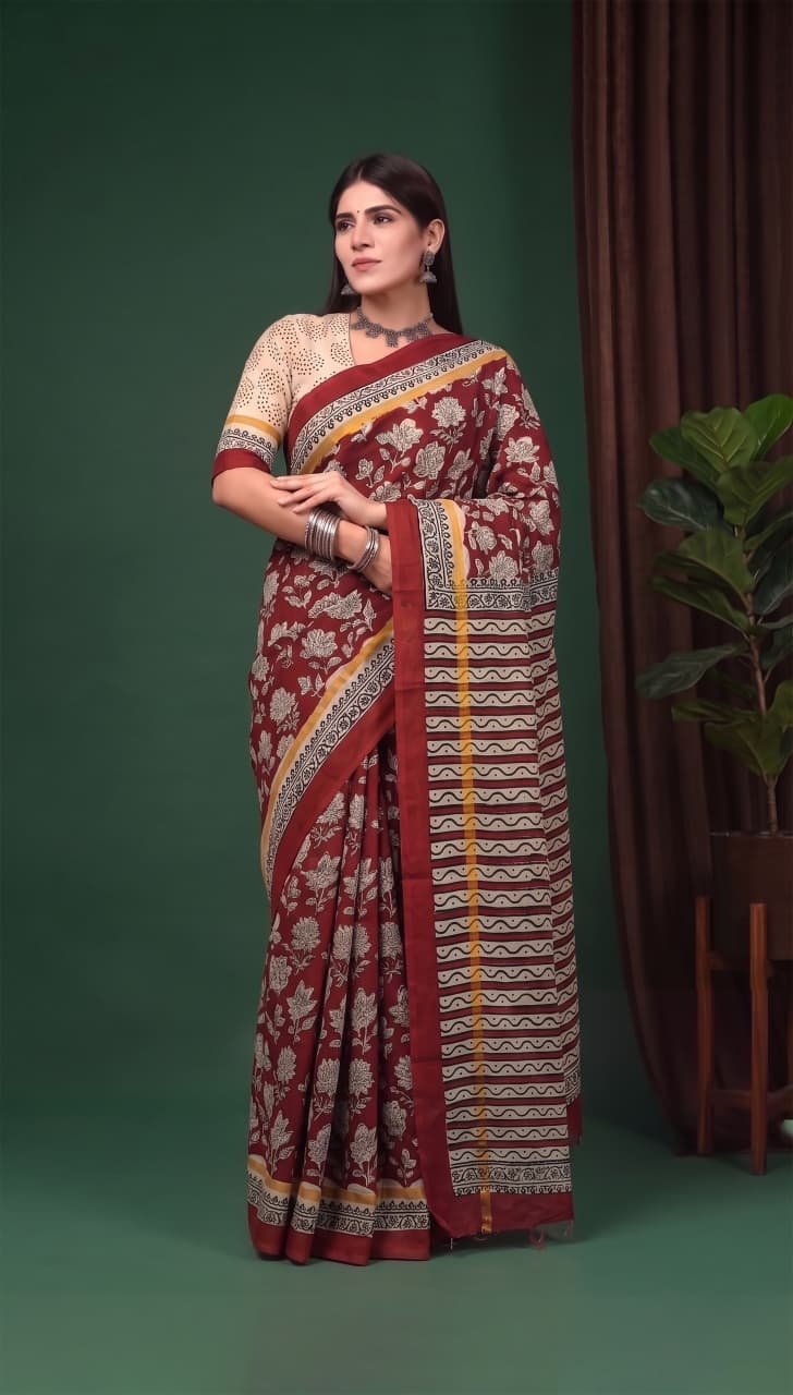 Hand Block Printed Assam Silk Saree