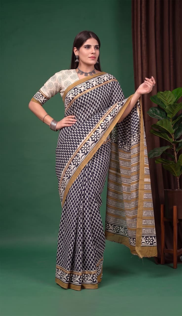 Hand Block Printed Assam Silk Saree