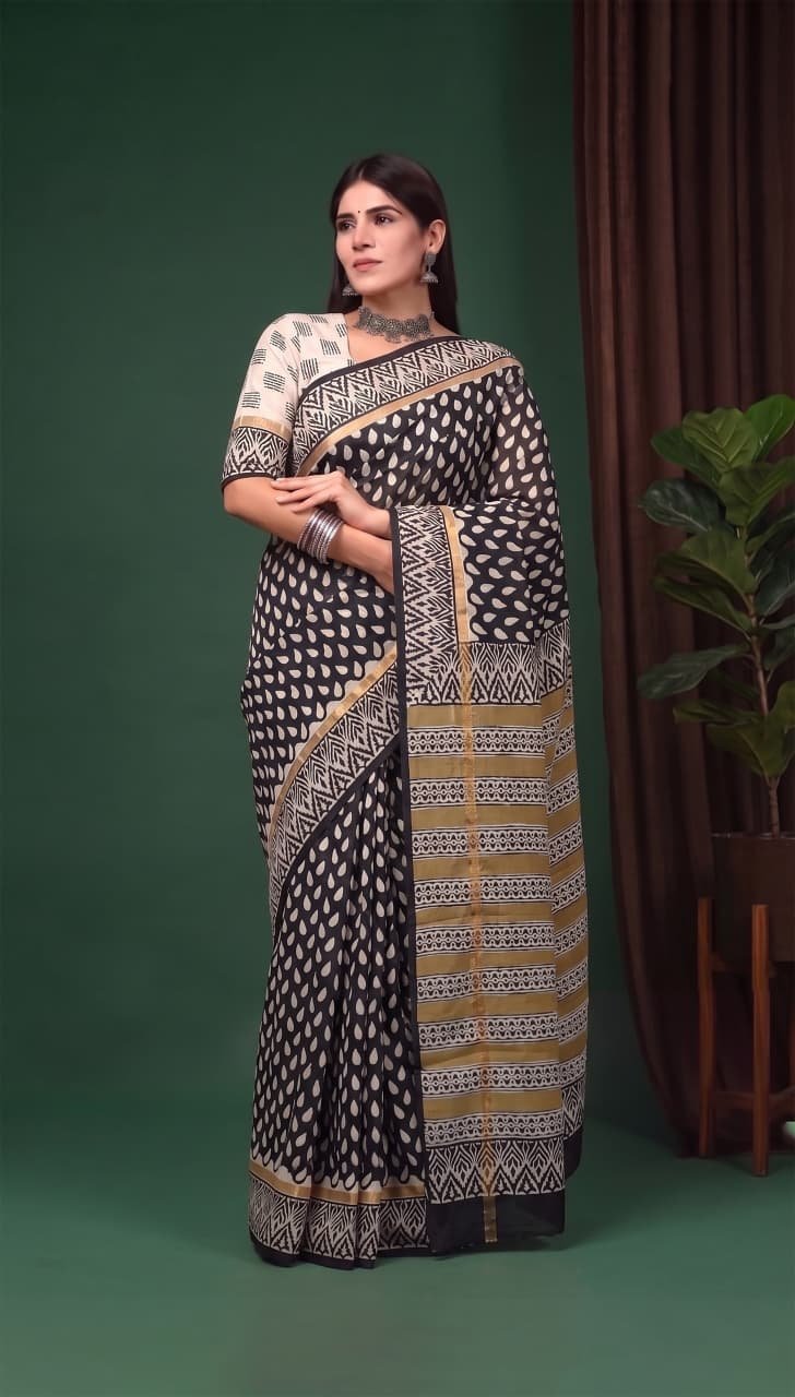 Hand Block Printed Assam Silk Saree