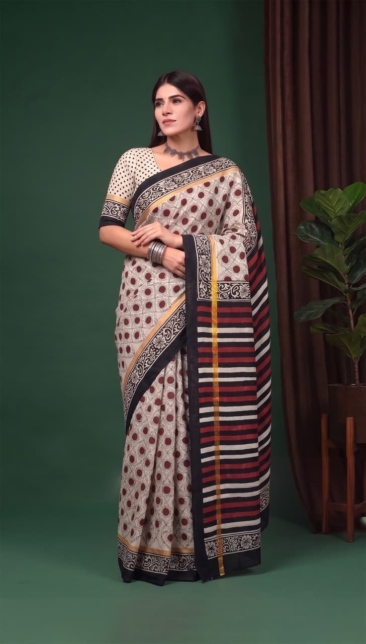 Hand Block Printed Assam Silk Saree