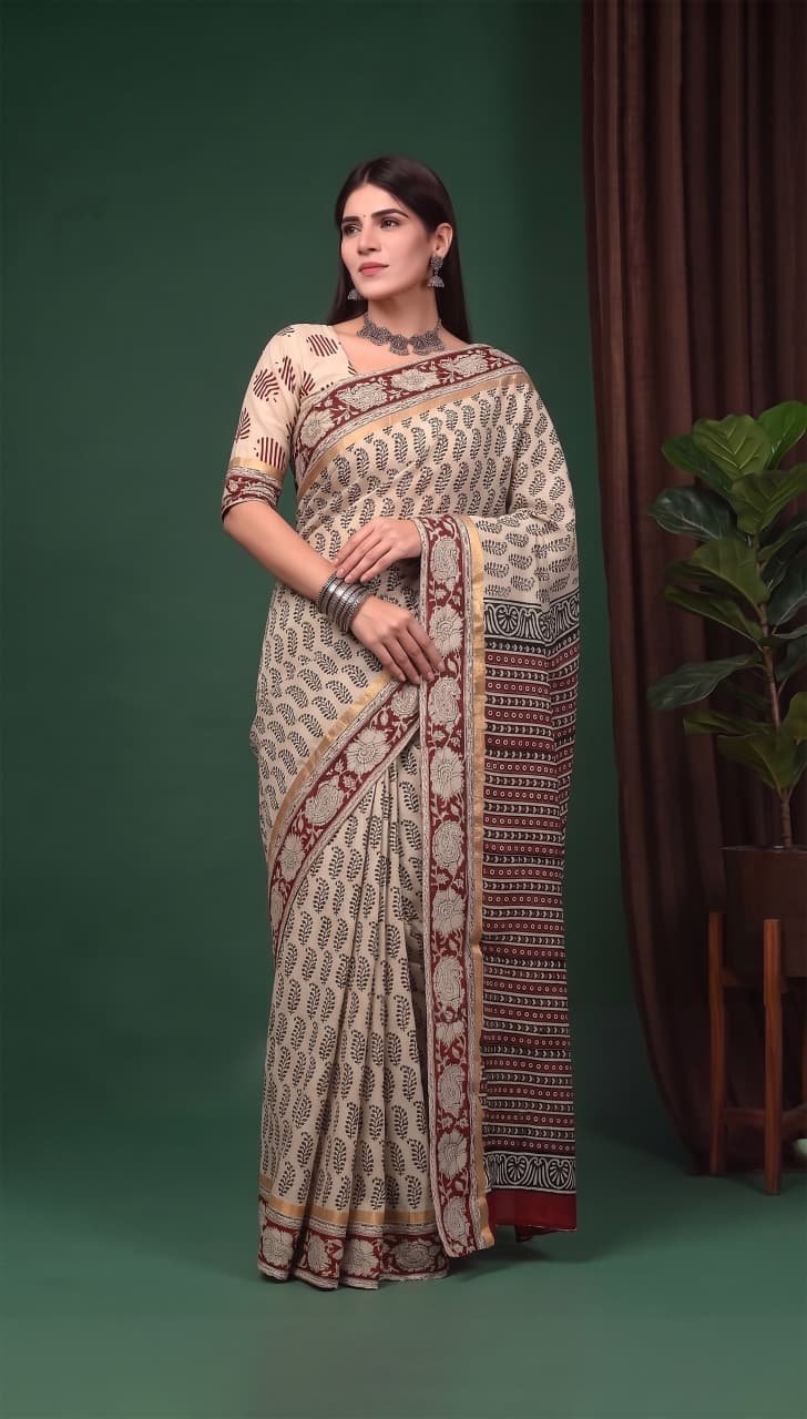 Hand Block Printed Assam Silk Saree
