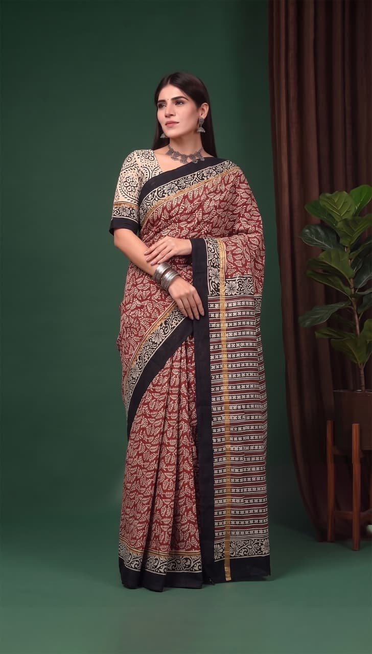 Hand Block Printed Assam Silk Saree