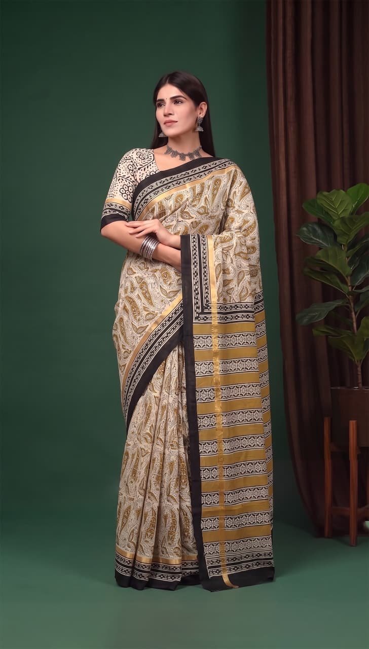 Hand Block Printed Assam Silk Saree