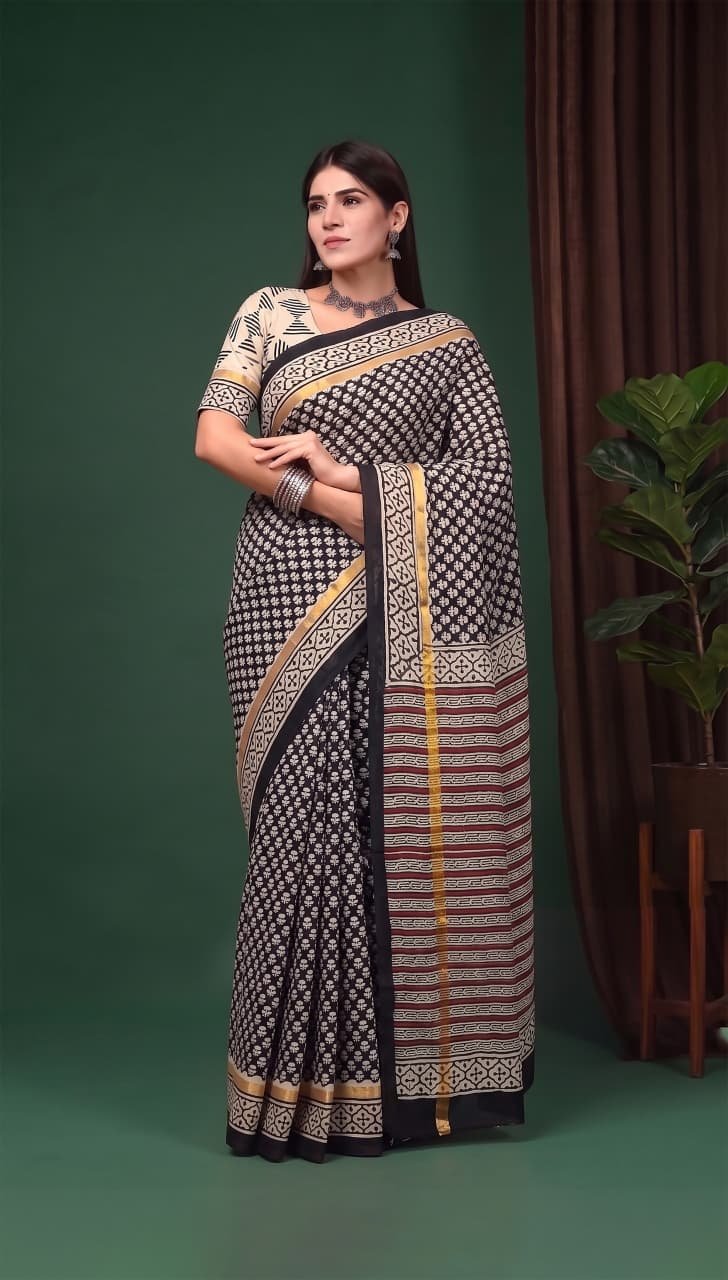 Hand Block Printed Assam Silk Saree