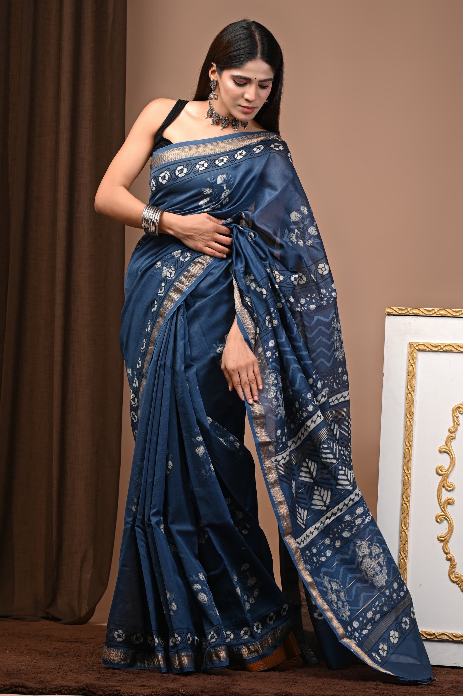 Maheshwari Hand Block Printed Saree