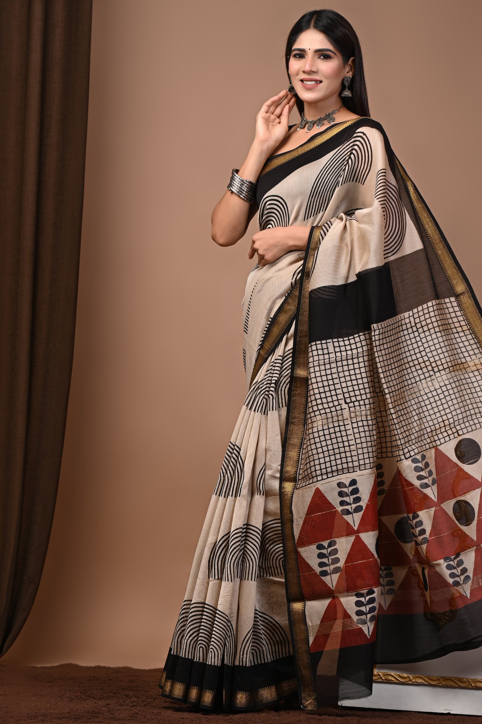 Maheshwari Hand Block Printed Saree