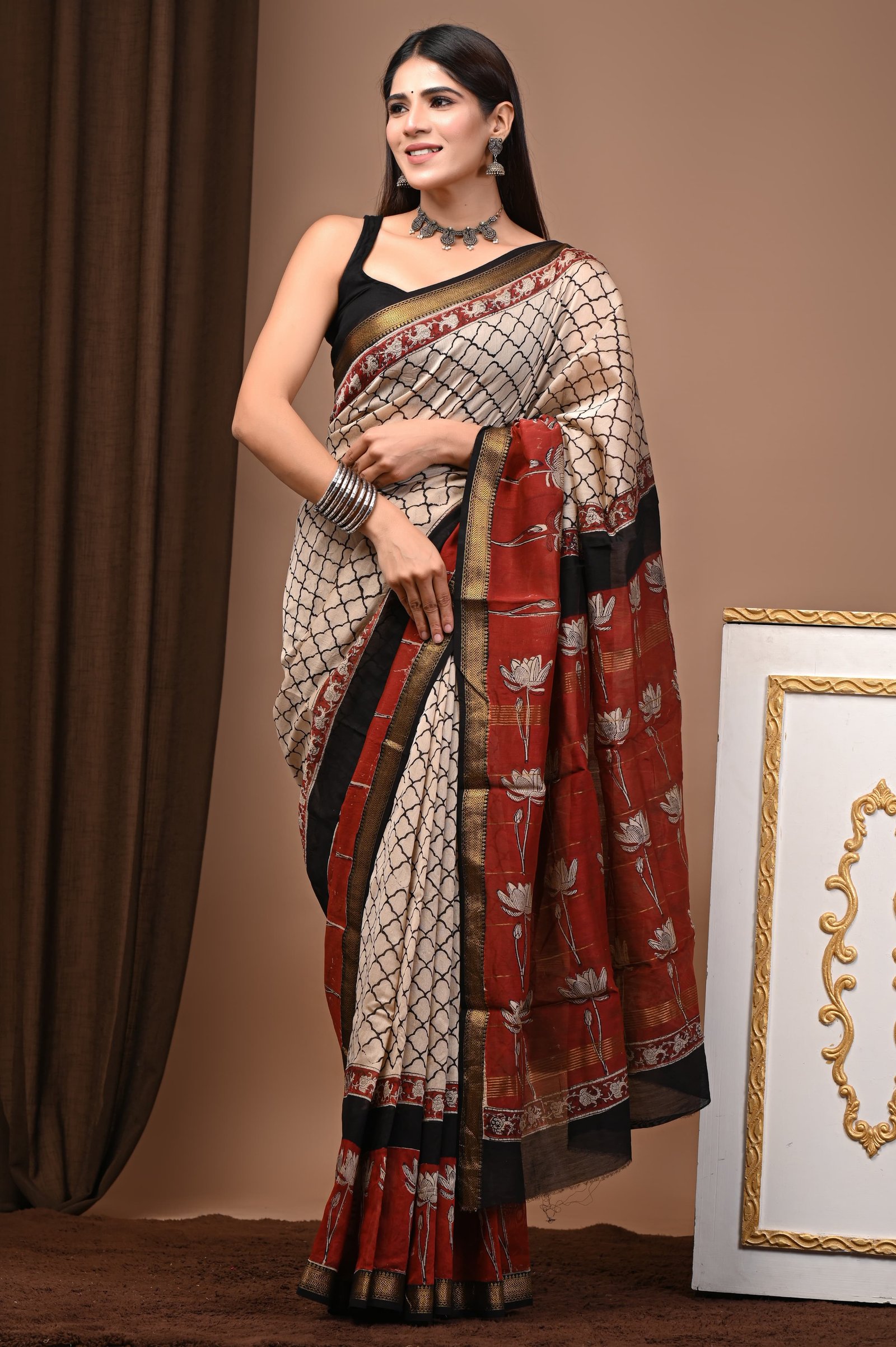 Maheshwari Hand Block Printed Saree
