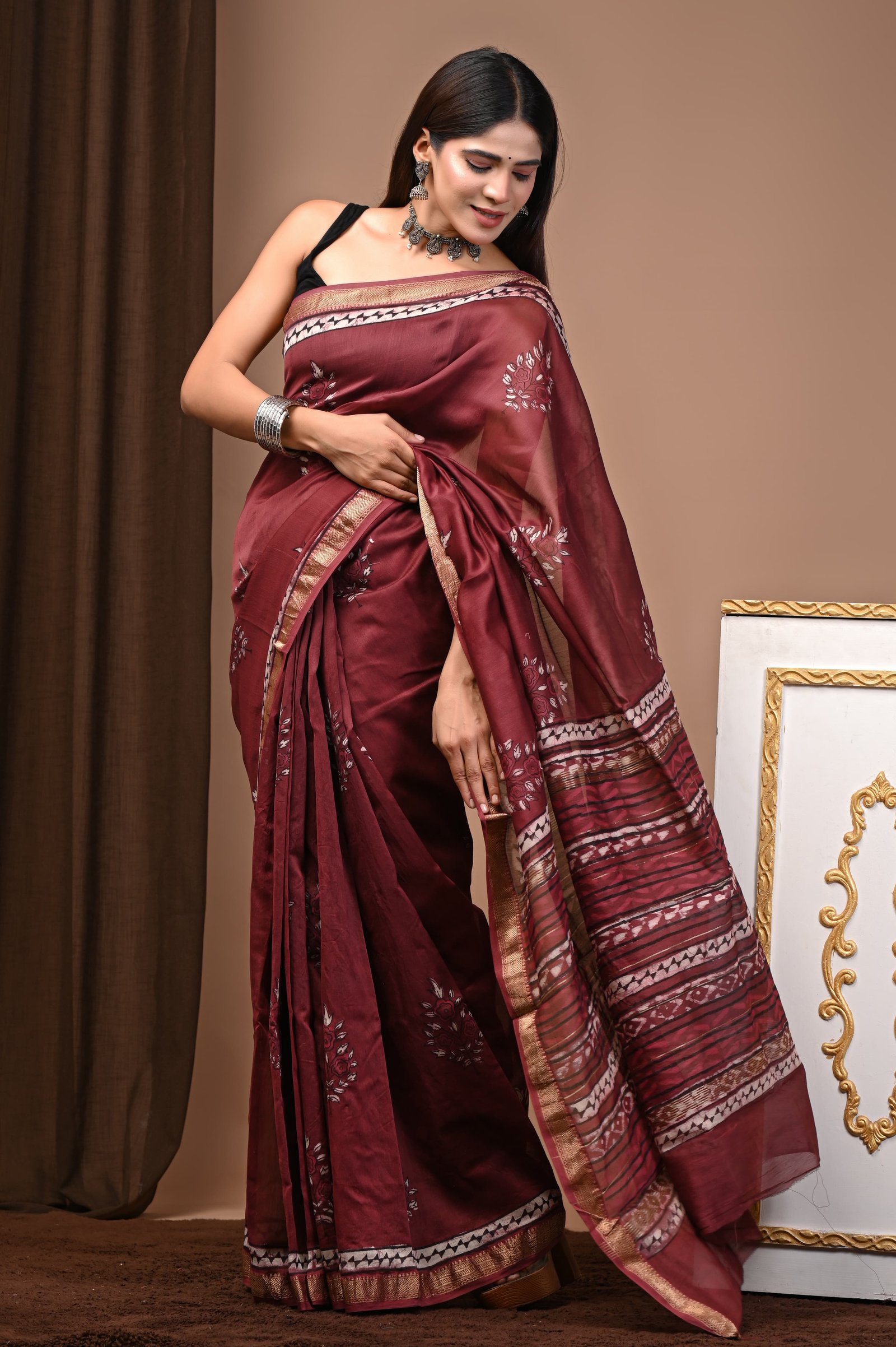 Maheshwari Hand Block Printed Saree