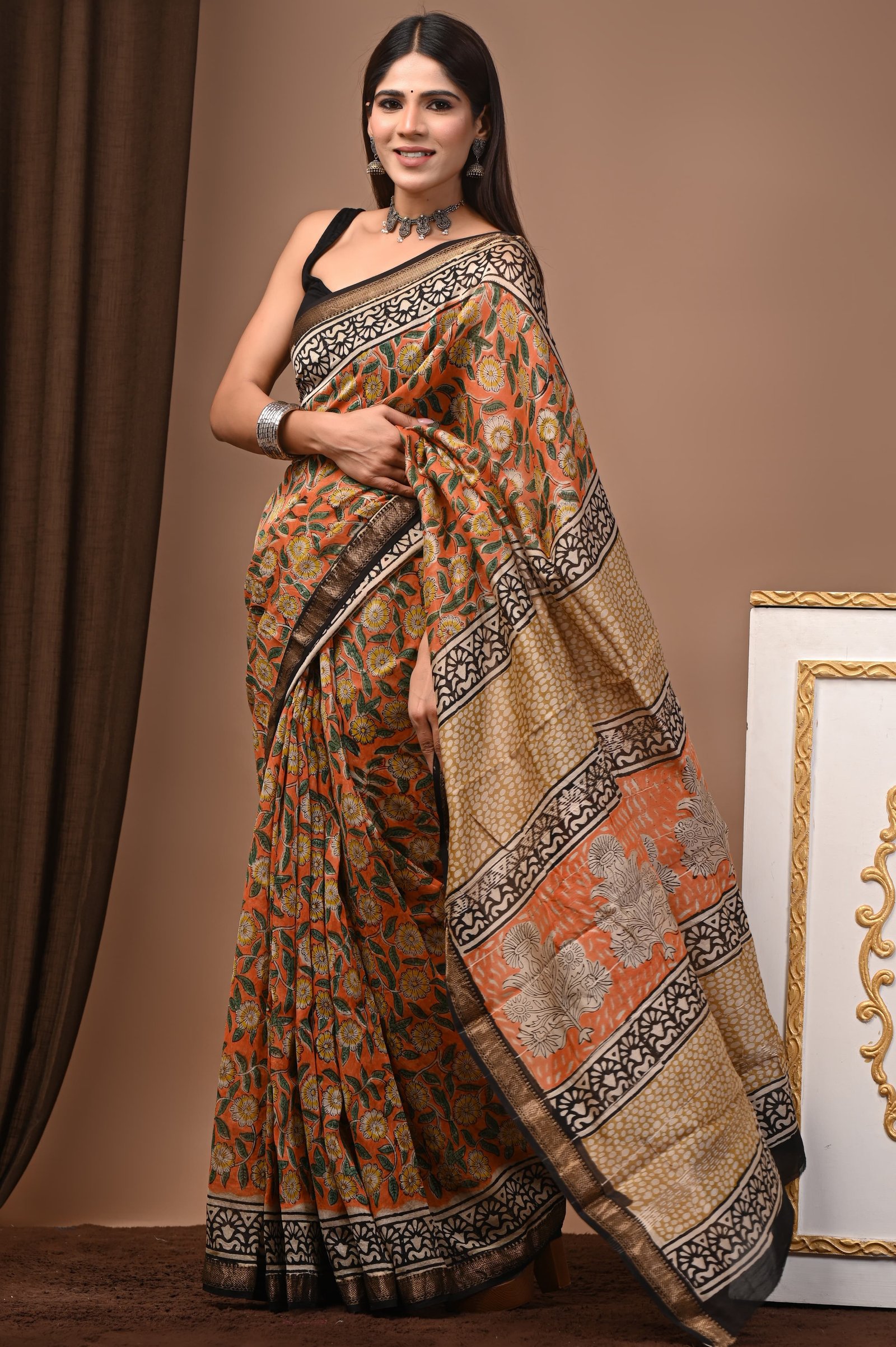 Maheshwari Hand Block Printed Saree