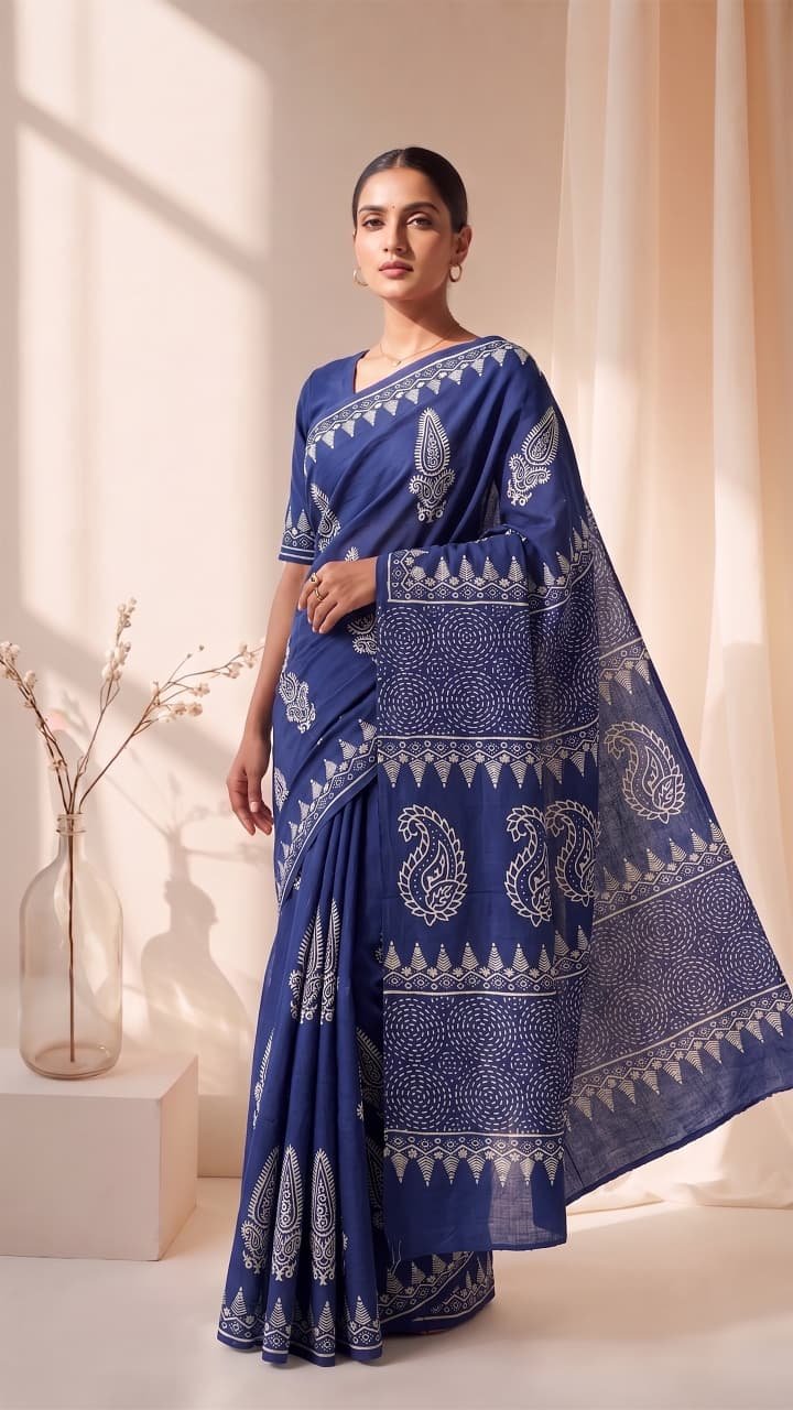 Cotton Hand Block Printed Saree
