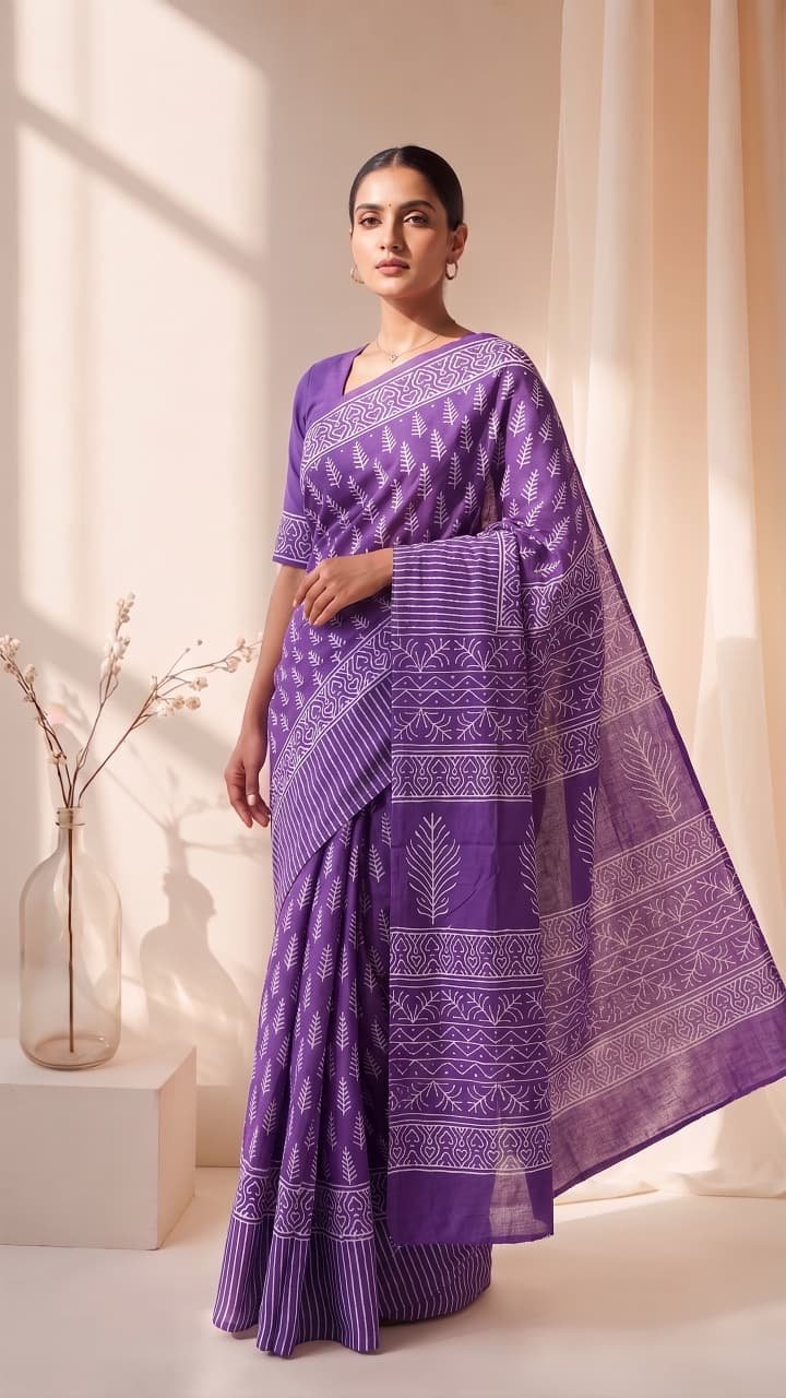 Cotton Hand Block Printed Saree