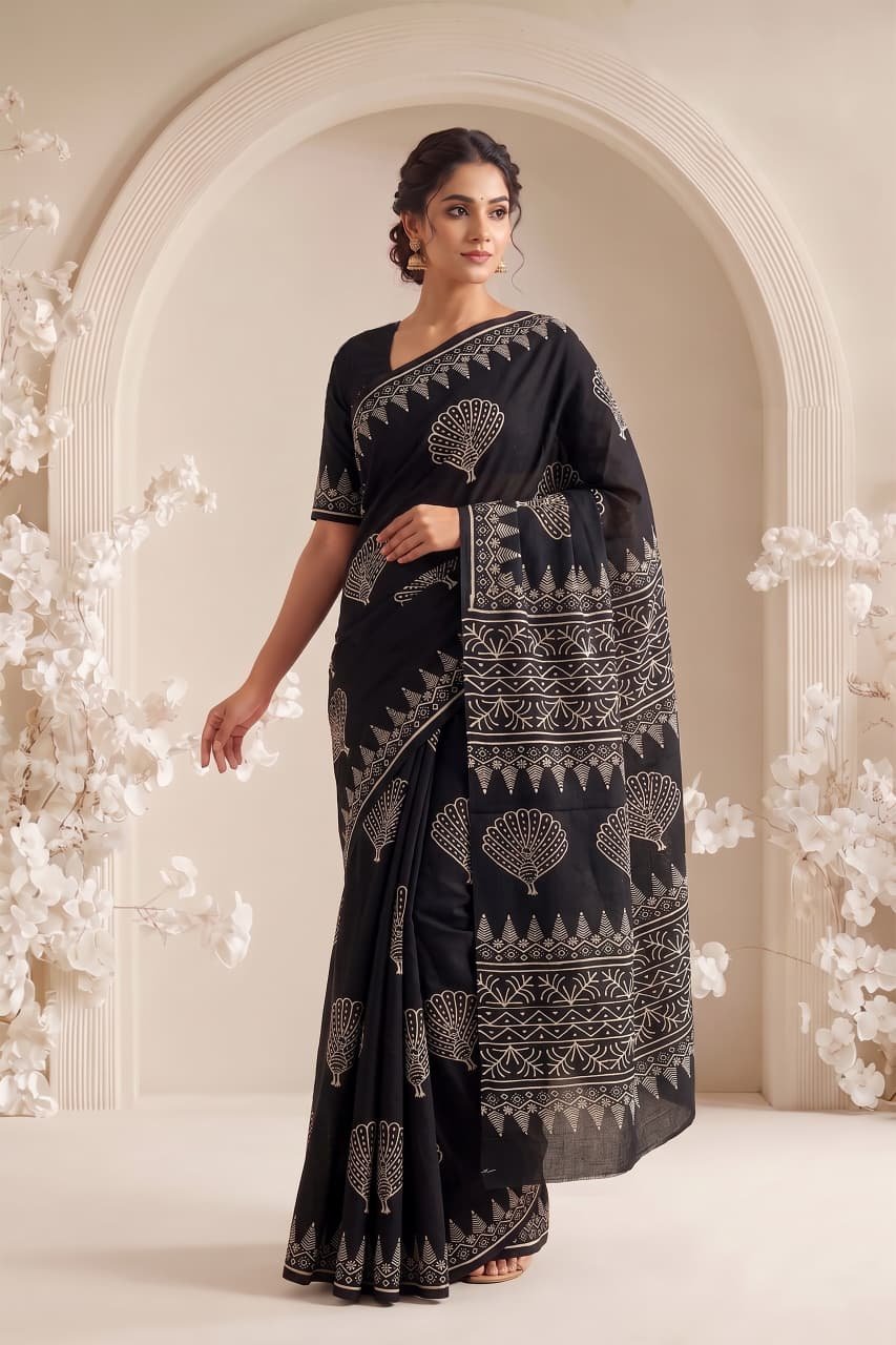 Cotton Hand Block Printed Saree