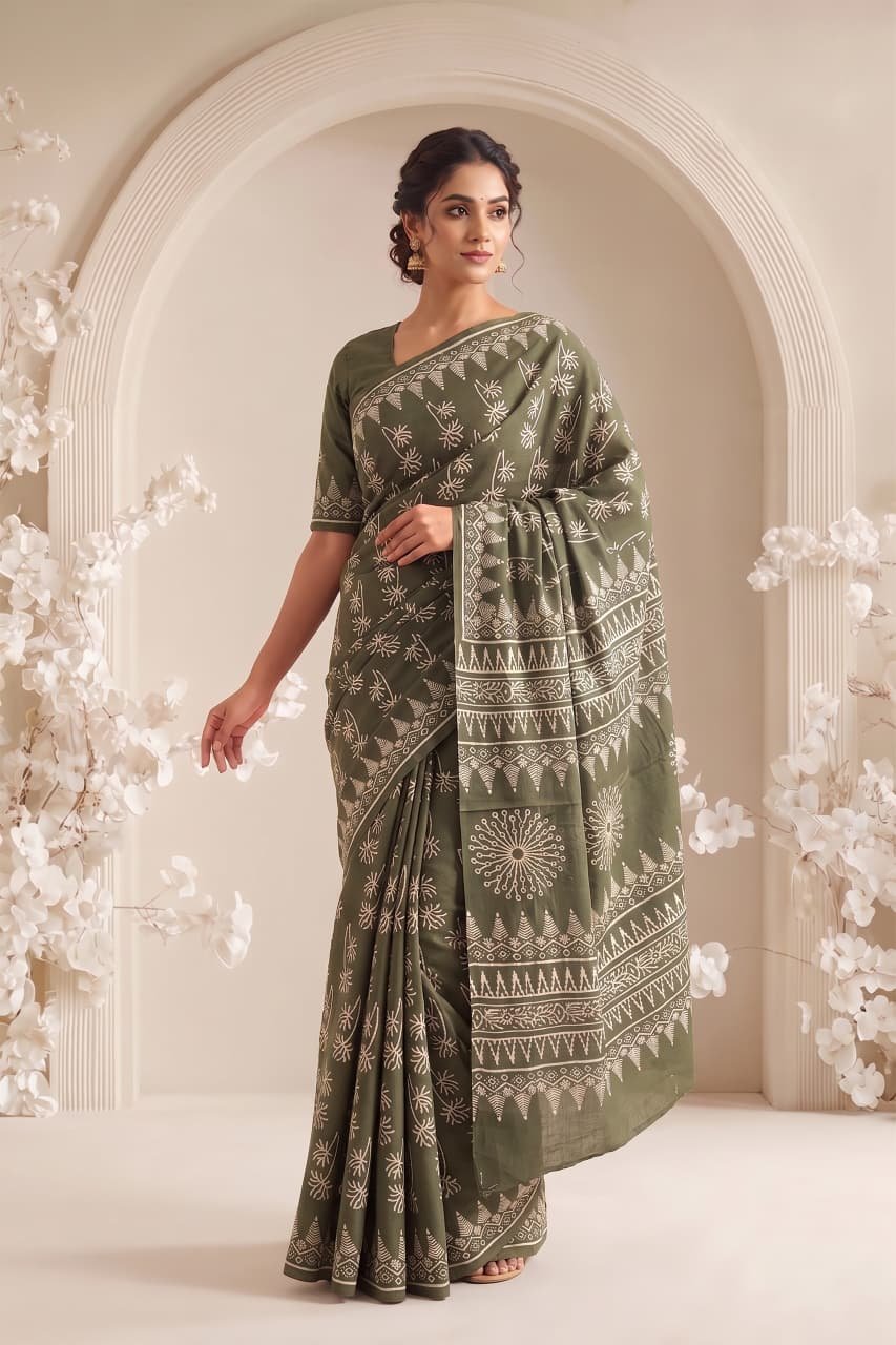 Cotton Hand Block Printed Saree