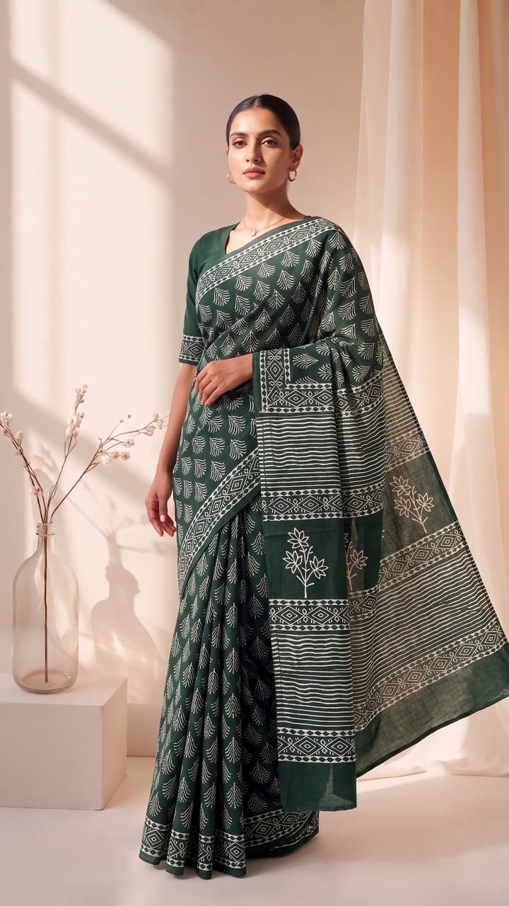 Cotton Hand Block Printed Saree
