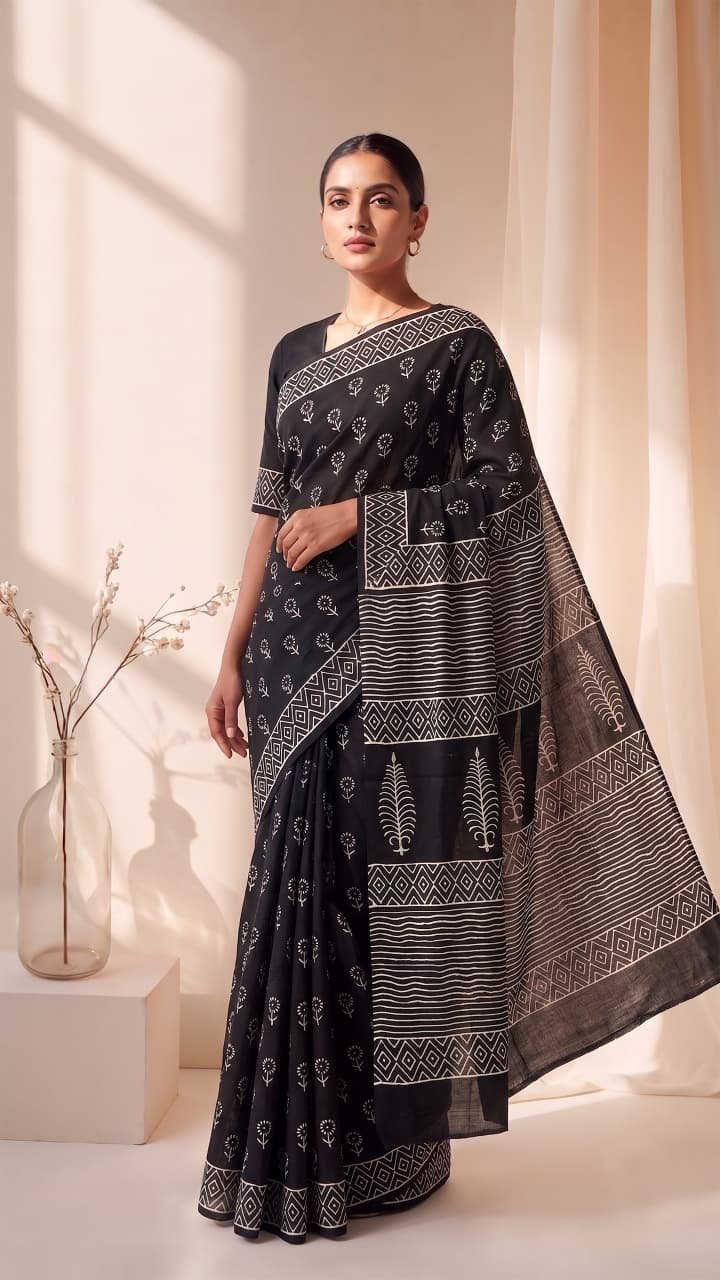 Cotton Hand Block Printed Saree