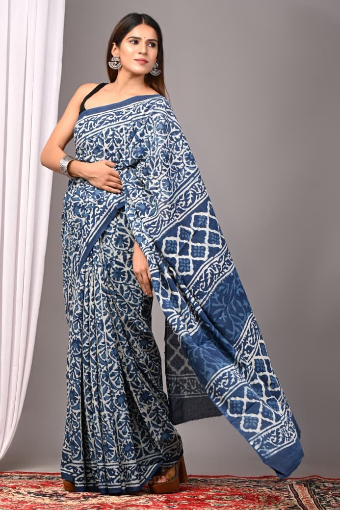 Cotton Hand Block Printed Saree