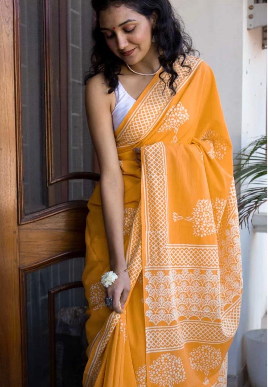Cotton Hand Block Printed Saree