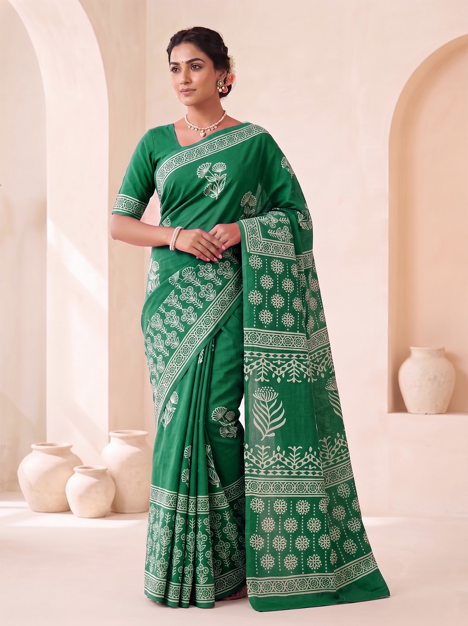 Cotton Hand Block Printed Saree