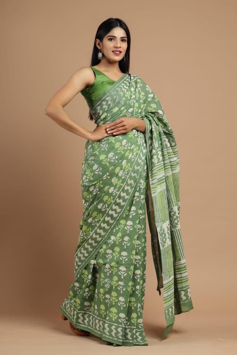 Cotton Hand Block Printed Saree
