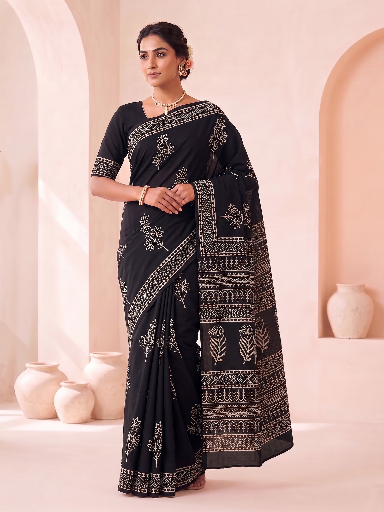 Cotton Hand Block Printed Saree