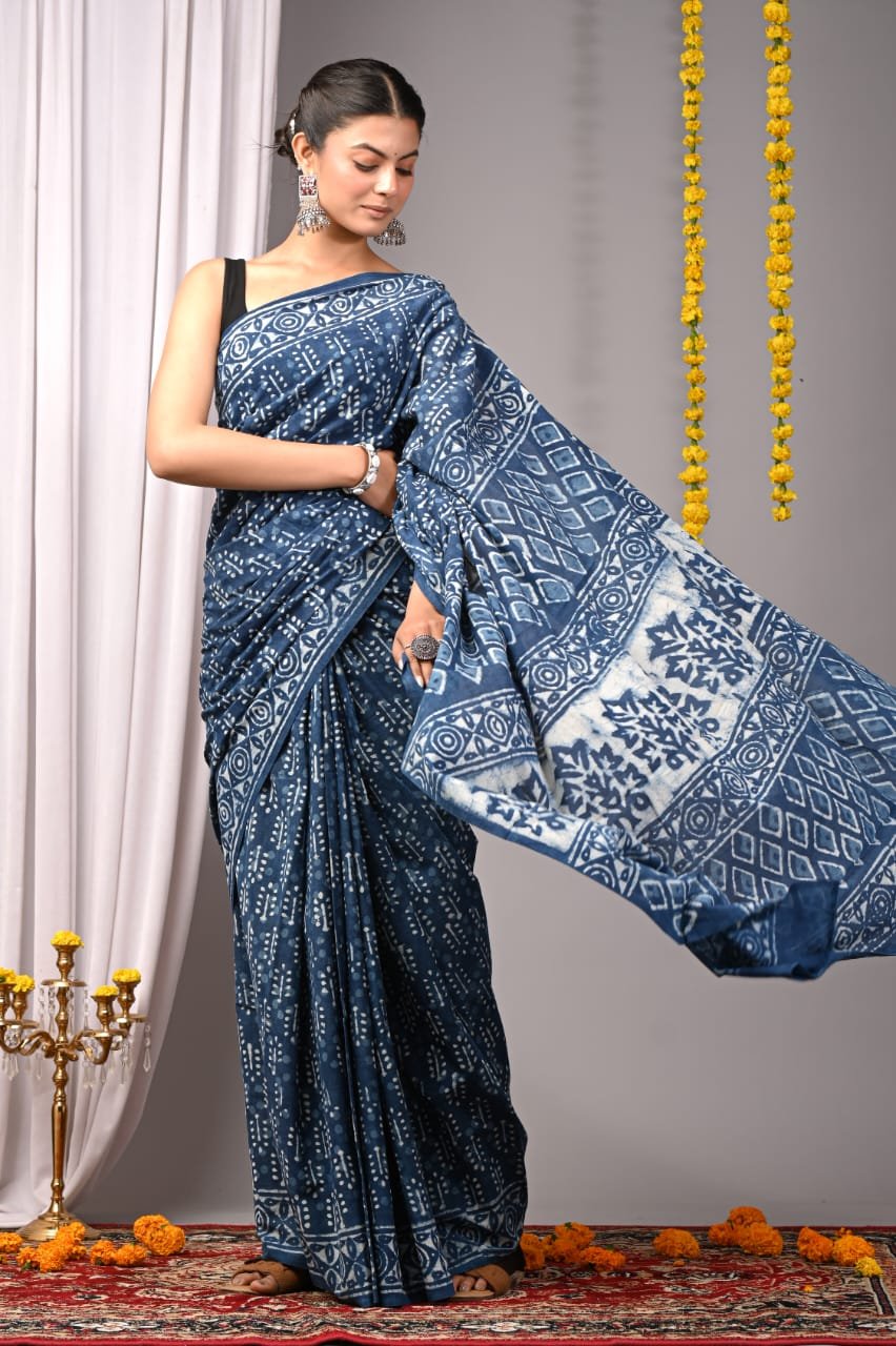 Cotton Hand Block Printed Saree