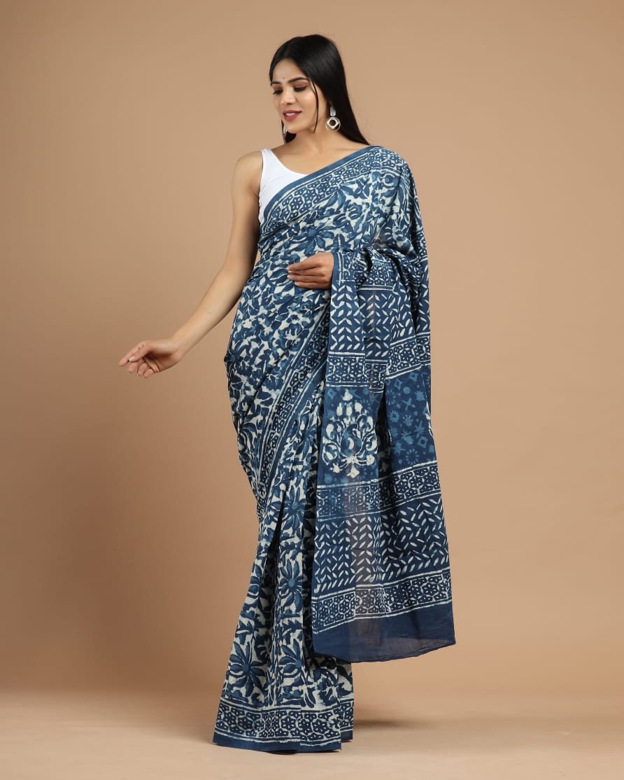 Cotton Hand Block Printed Saree